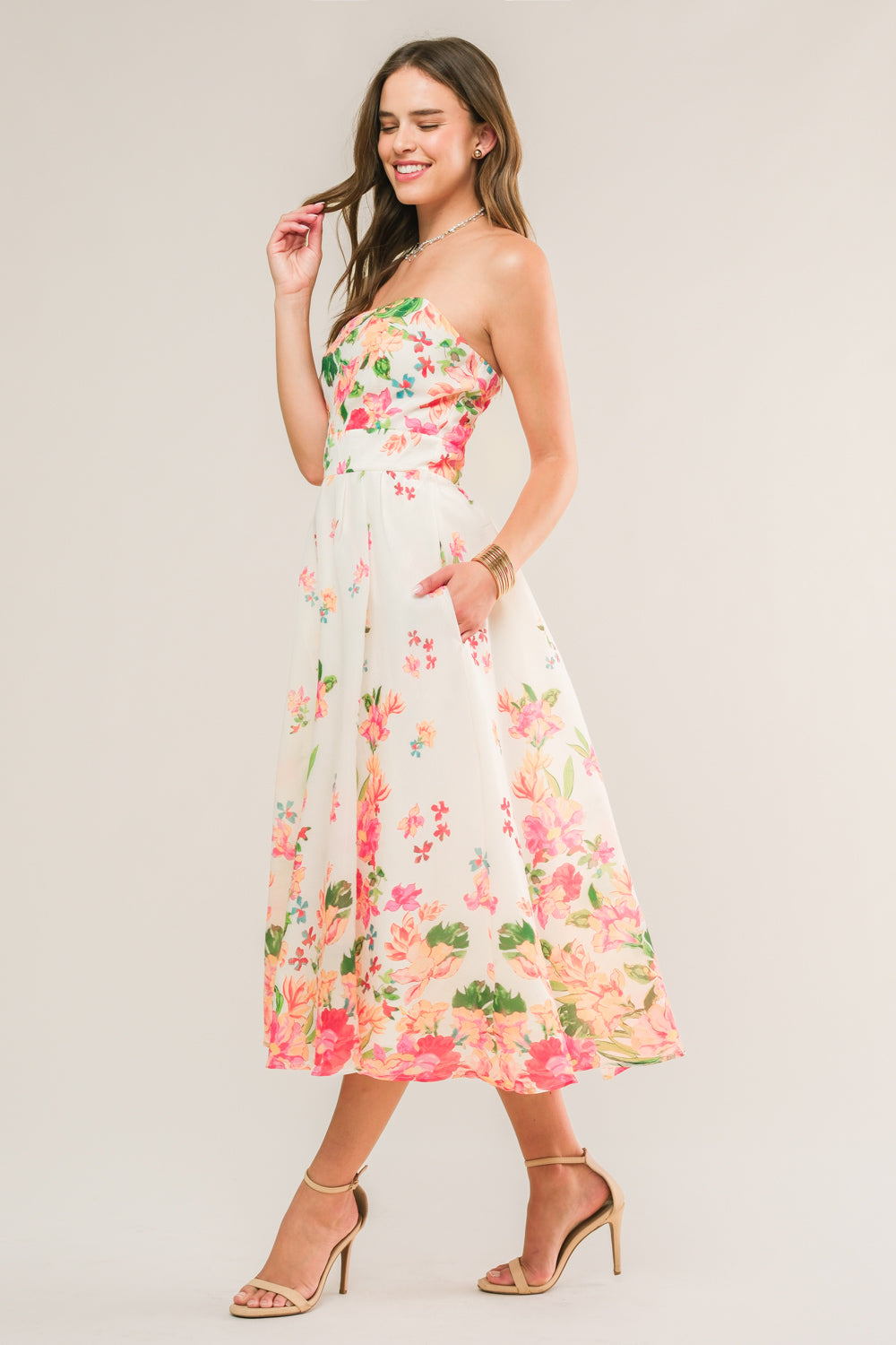 BRUNCH BOUQUET Strapless Floral Midi Dress - Perfect for Summer Weddings, Garden Parties & Beach Vacations
