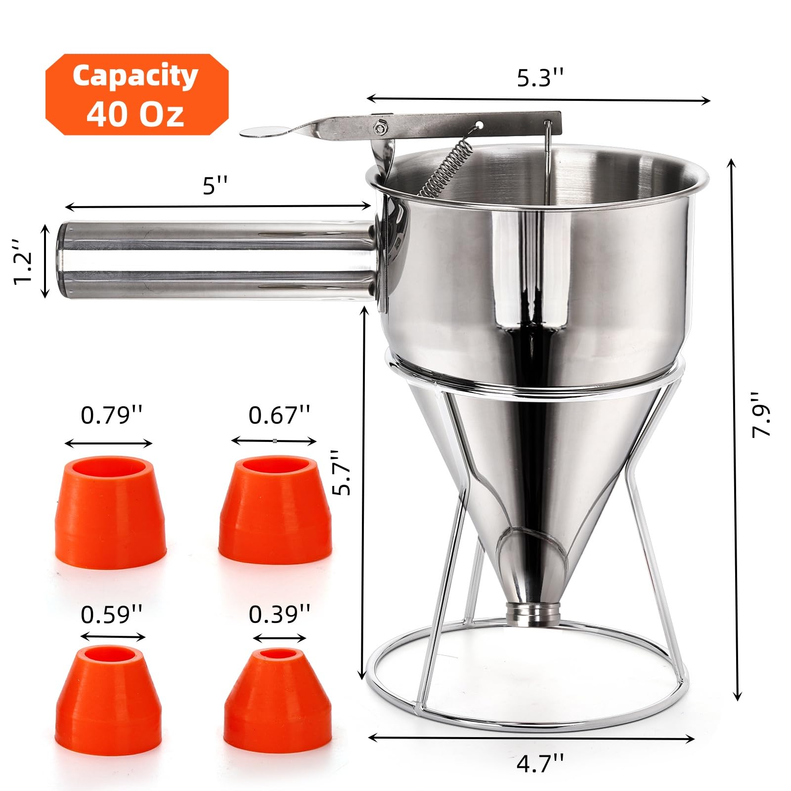40 Oz Stainless Steel Pancake Batter Dispenser with Stand - 4 Caliber Funnel Cake Maker for Pancakes, Waffles, Muffins & Baked Goods | Perfect for Breakfast, Desserts & Commercial Kitchen Use