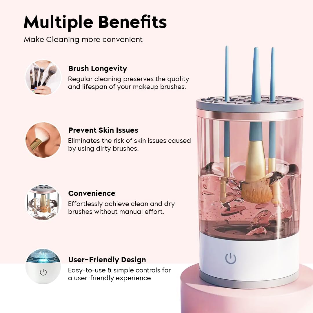 Automatic Makeup Brush Cleaner Machine - USB Powered Spinning Blender for Deep Cleaning All Size Cosmetic Brushes | Women's Beauty Tool for Daily Makeup Brush Care & Professional Salon Use