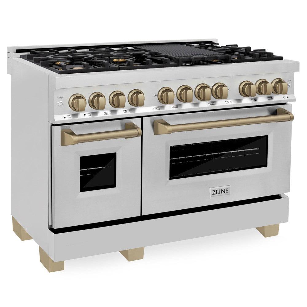 ZLINE Autograph Edition 48-inch Professional Kitchen Package - Stainless Steel Dual Fuel Range & Range Hood with Champagne Bronze Accents (2AKP RARH48 CB) | Premium Cooking Appliance Set for Gourmet Chefs & Home Kitchens