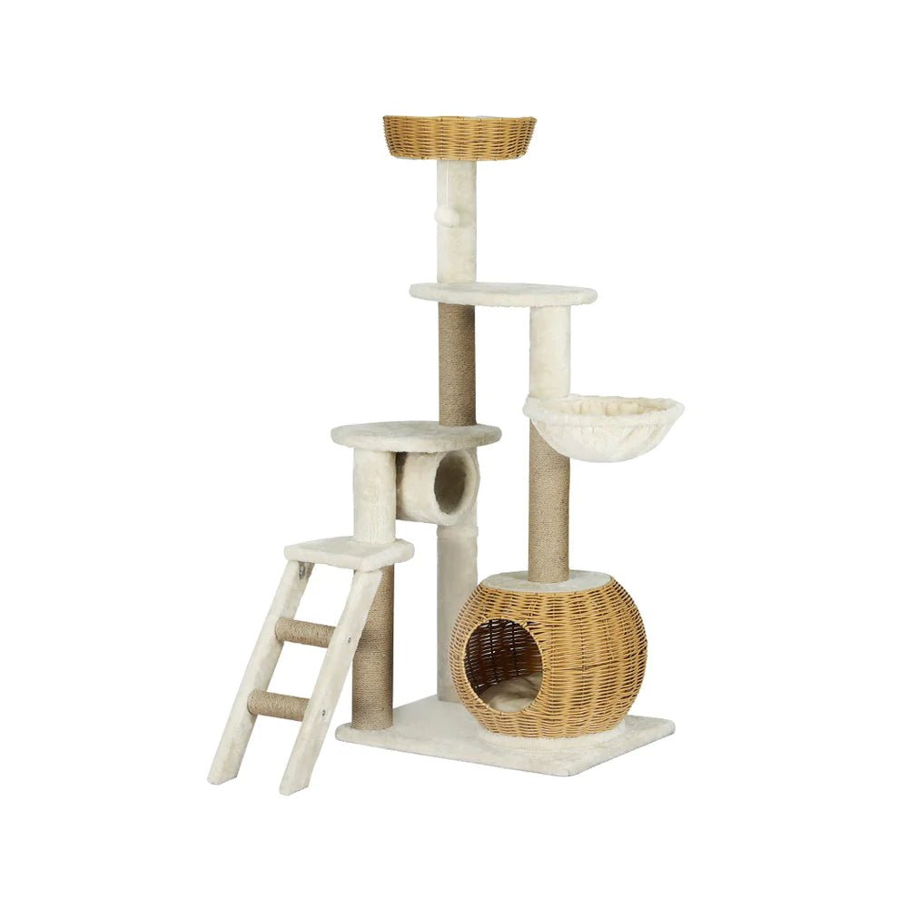 138cm Modern Rattan Cat Tower with Scratching Post & Condo - Multi-Level Cat Tree for Indoor Cats - Perfect for Play, Rest & Climbing in Home or Office