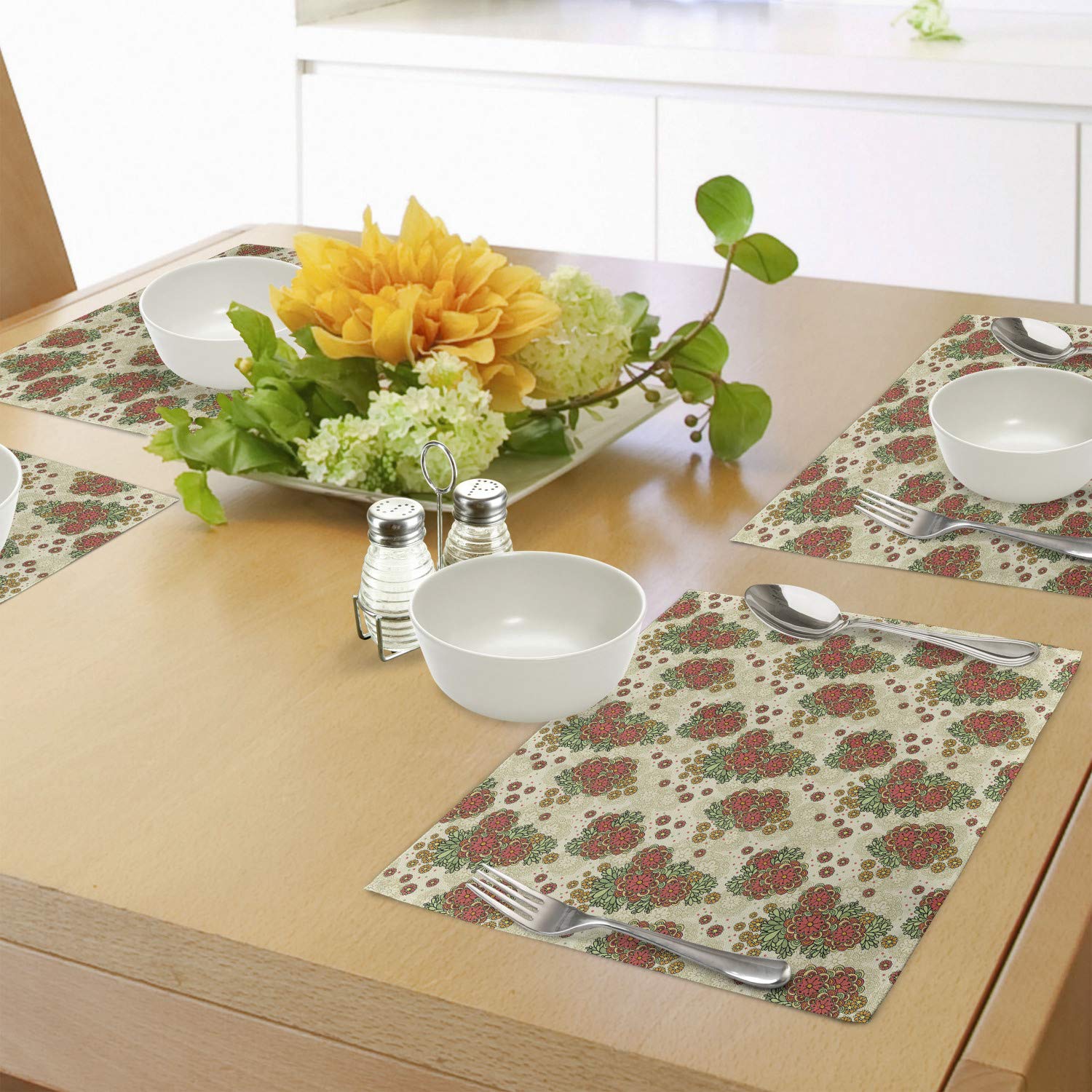 Ambesonne Orange Floral Place Mats Set of 4 - Autumn Fall Table Decor with Flower Design, Washable Fabric Placemats for Dining Room & Kitchen - Orange & Olive Green - Perfect for Thanksgiving, Fall Parties & Seasonal Home Decor