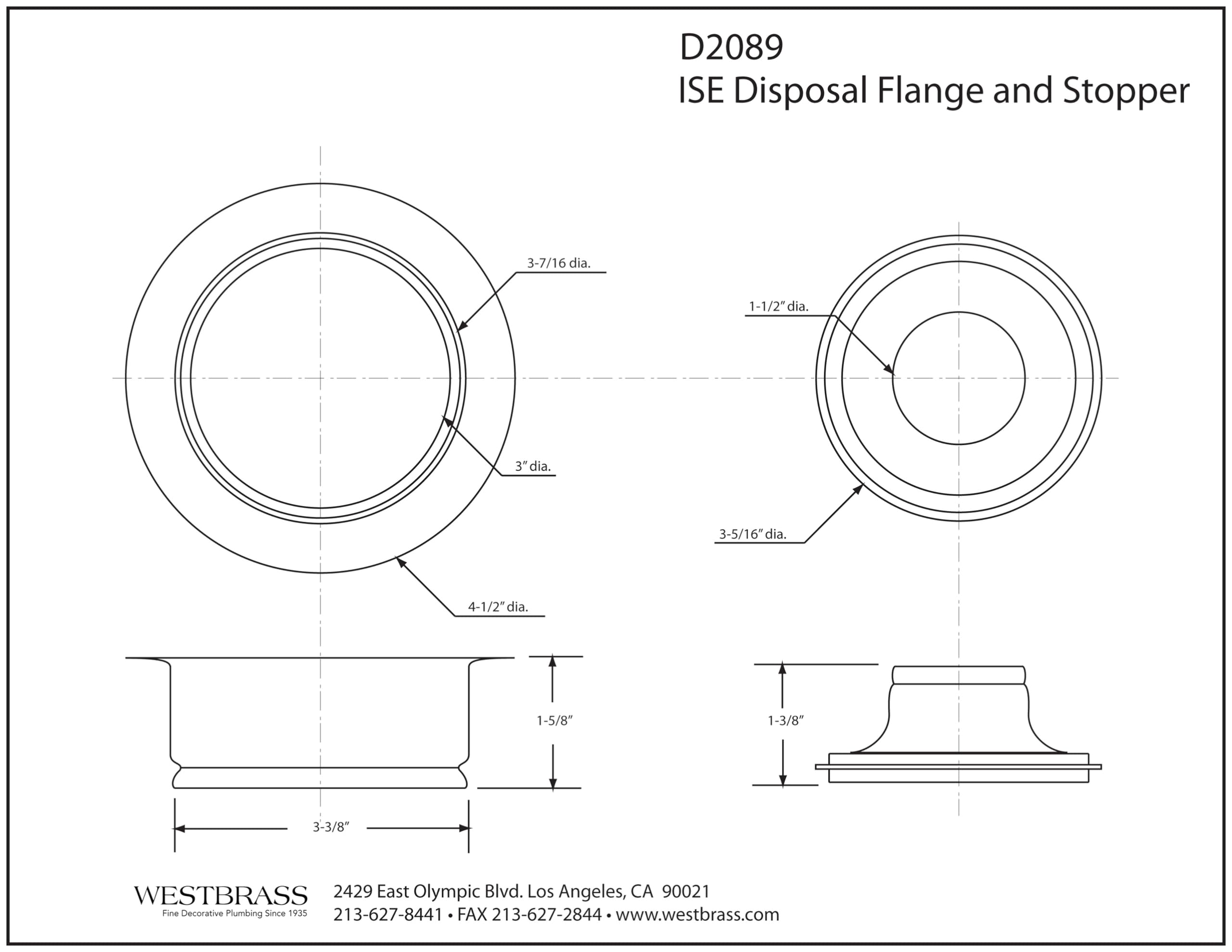 Westbrass D2089-50 White Powder Coated 3-Bolt Mount Waste Disposal Flange & Stopper - 1 Pack - Perfect for Kitchen Sink, Bathroom Drain, and Plumbing Installations
