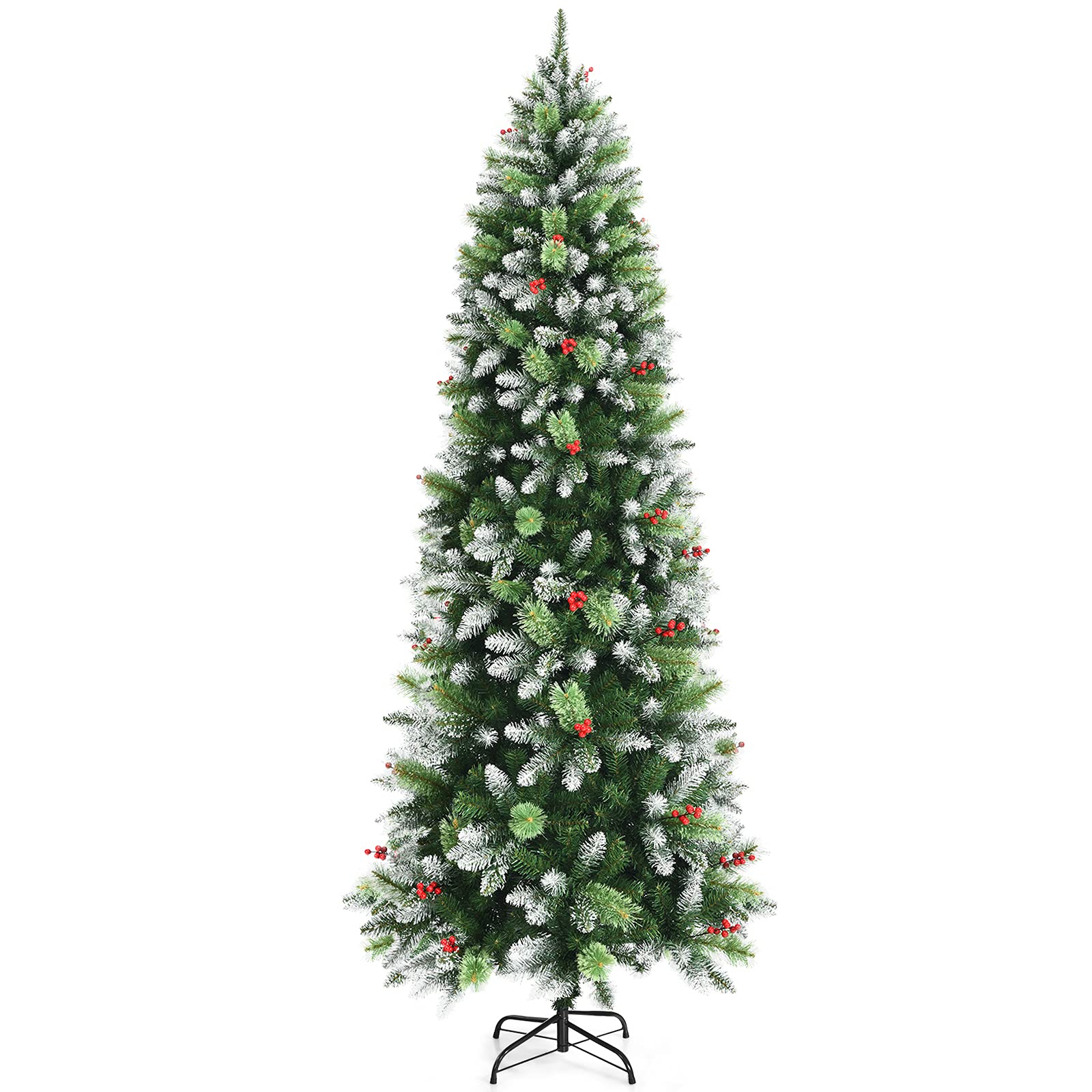 Happygrill 7.5ft Pre-Lit Artificial Christmas Tree with Snow Tips & Red Berries - Hinged Evergreen Xmas Tree for Home, Office & Holiday Decorations