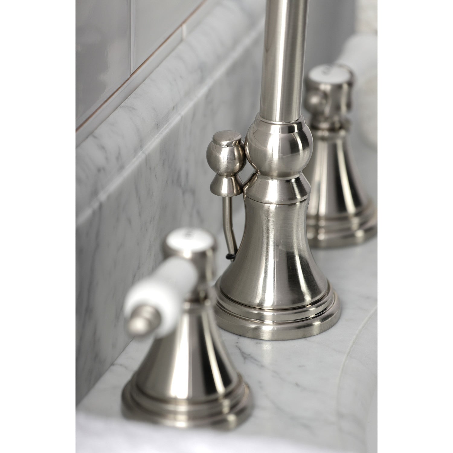 Bel Air KS2988BPL Brushed Nickel Widespread Bathroom Faucet - 2 Handle 3 Hole Deck Mount with Brass Pop Up Drain - Perfect for Modern Bathroom Vanities and Sink Upgrades