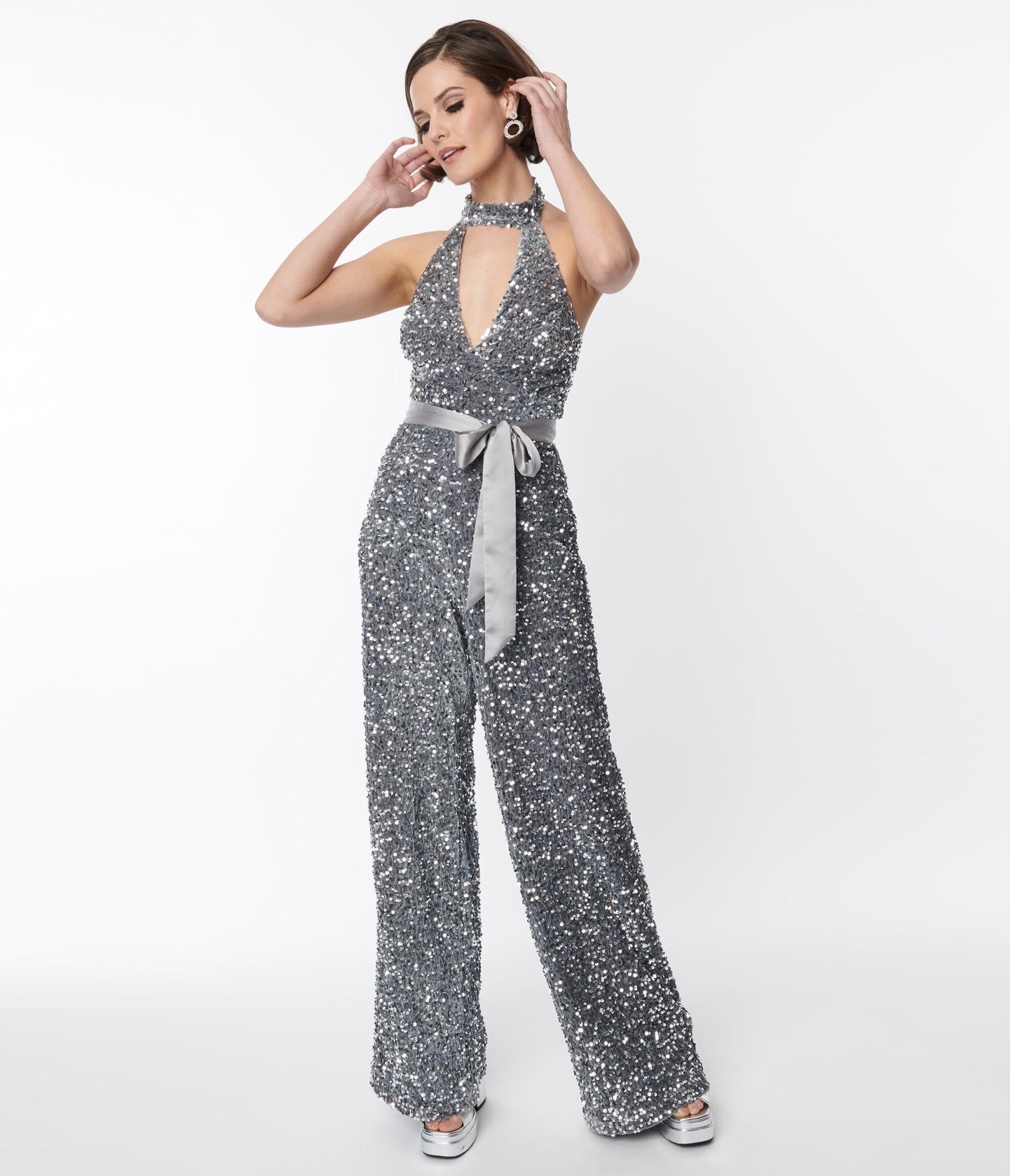 Smak Parlour Silver Sequin Glamour Goddess Jumpsuit for Women - Sparkly Party Outfit for Nightclub, Prom, or Special Events