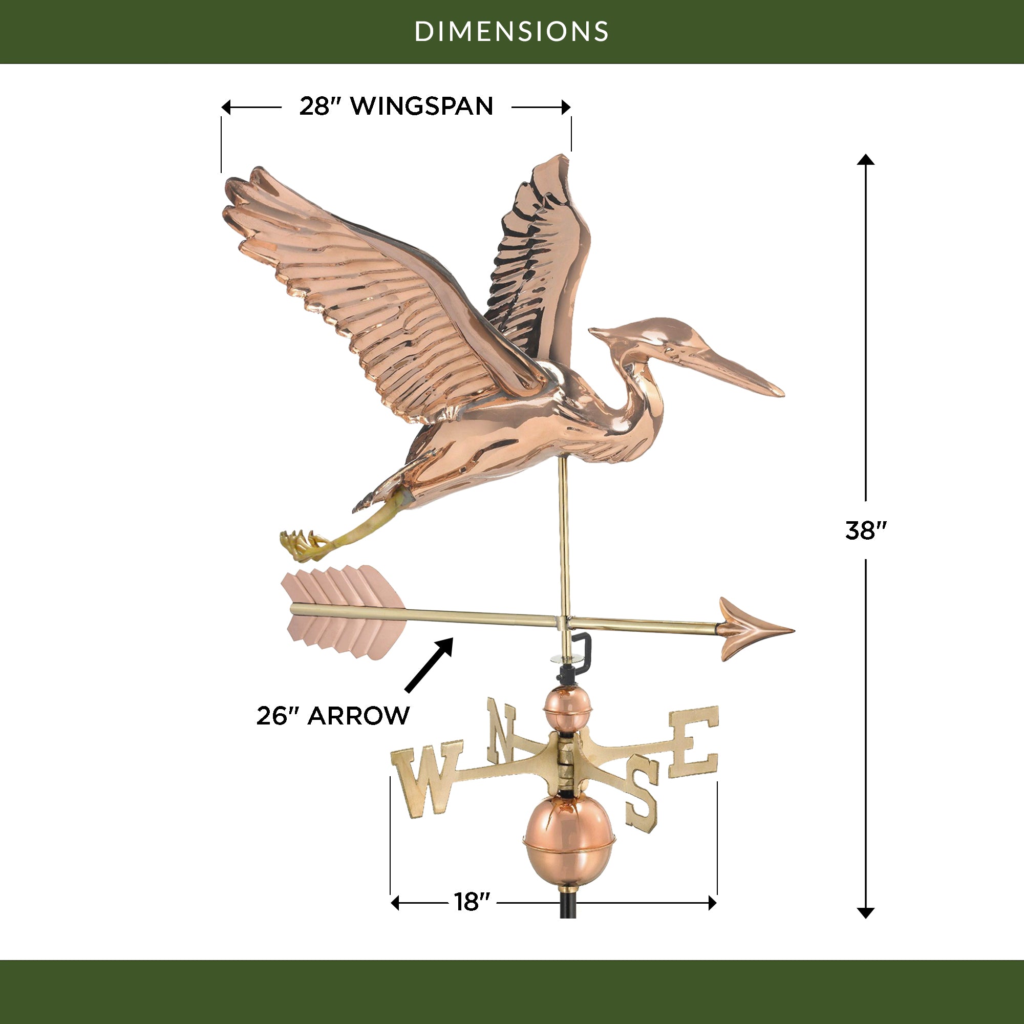 Blue Heron with Arrow Weathervane - Handcrafted Copper Garden Decor for Outdoor & Farmhouse Style (Perfect for Roof Tops, Barns, and Countryside Homes)