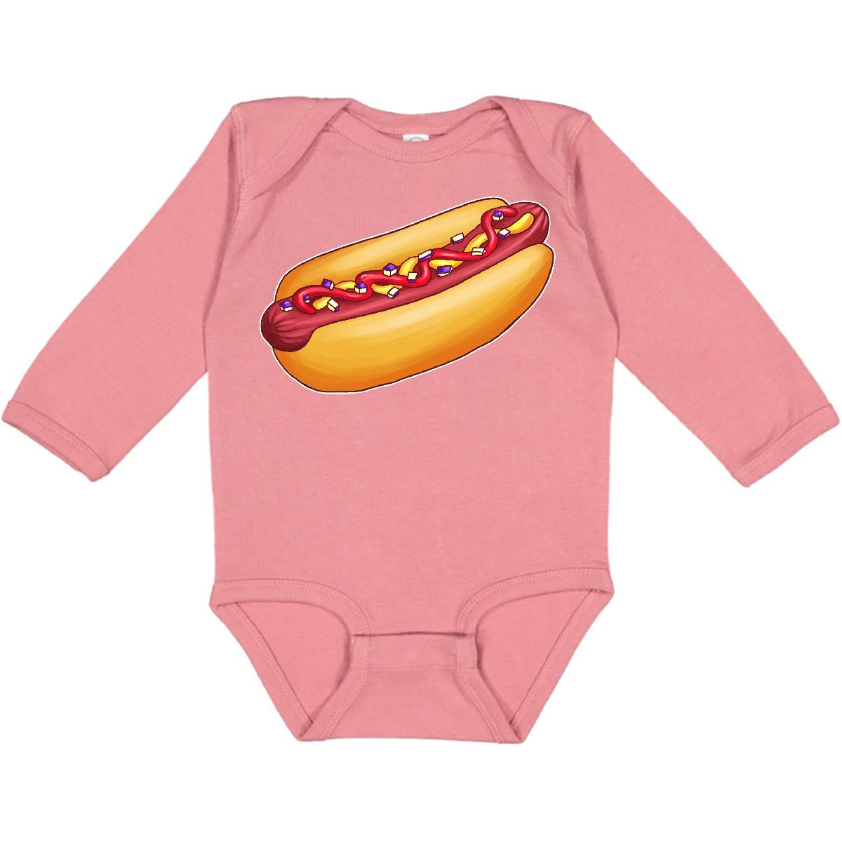 Inktastic Hot Dog Illustration with Mustard Onions - Long Sleeve Creeper T-Shirt for Men & Women - Casual Graphic Tee for BBQ Parties, Food Lovers & Funny Outfits