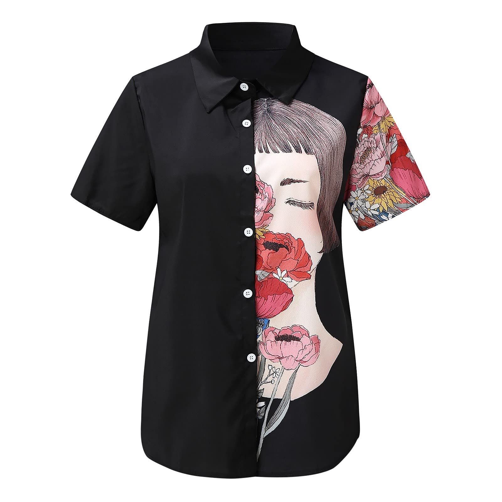 Women's Fashion Button Down V-Neck Short Sleeve Collared Blouse with Pockets - Casual Office Wear & Summer Outfit Essential