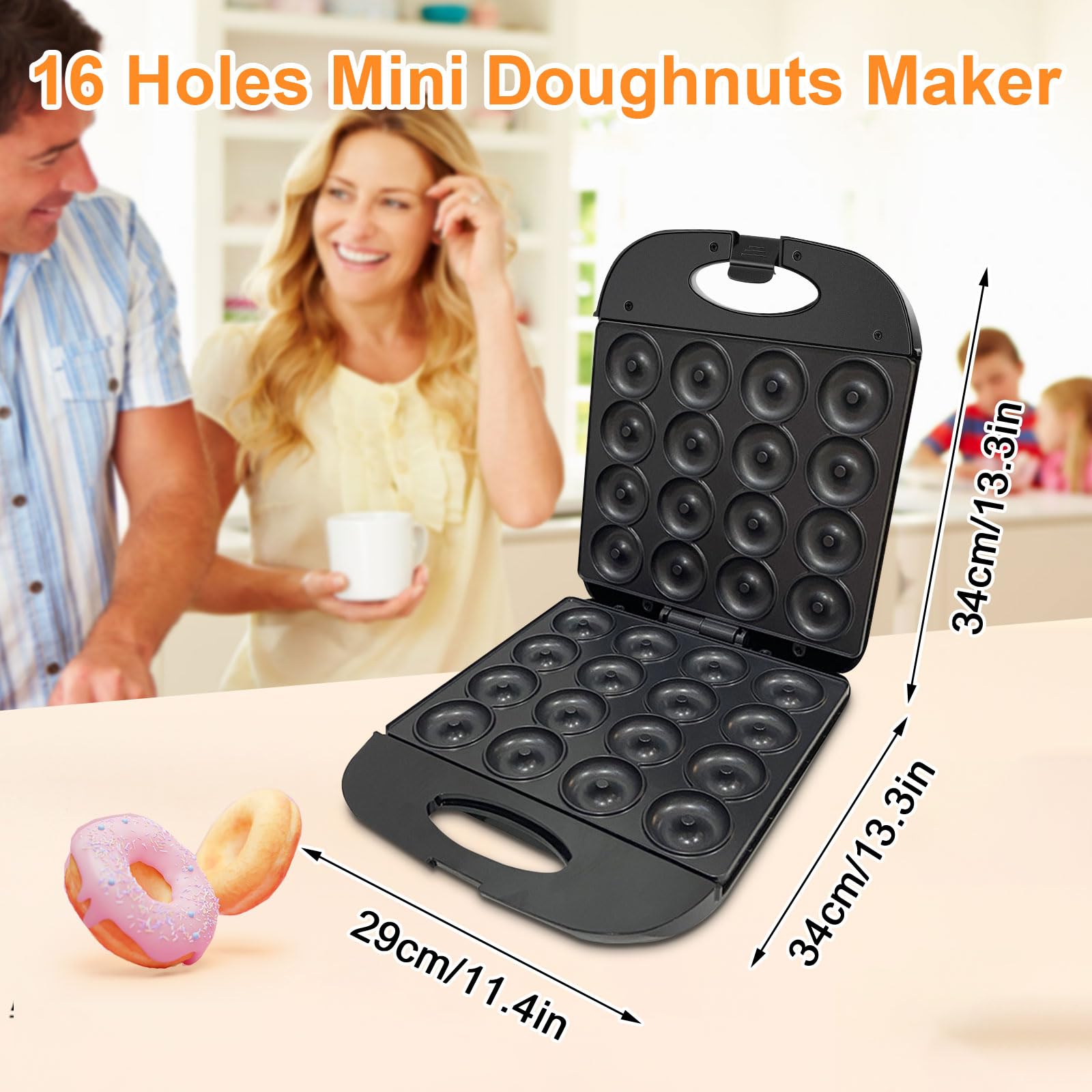 2025 Mini Donut Maker Machine - 16-Hole Electric Donut & Pancake Maker for Home Use, Non-Stick Surface, Kid-Friendly Design with Mini Oven Gloves & Brush (Black) - Perfect for Breakfast, Snacks, Birthday Parties & Family Baking Activities