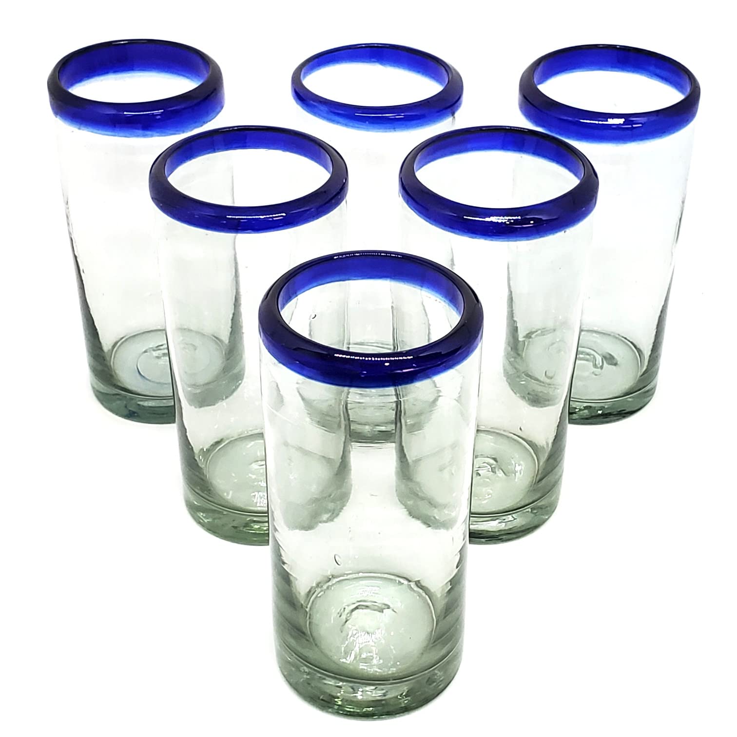 Premium Cobalt Blue Rim 14 oz Highball Glasses - Set of 6 Recycled Lead-Free & Toxin-Free Glassware for Cocktails, Iced Tea & Entertaining