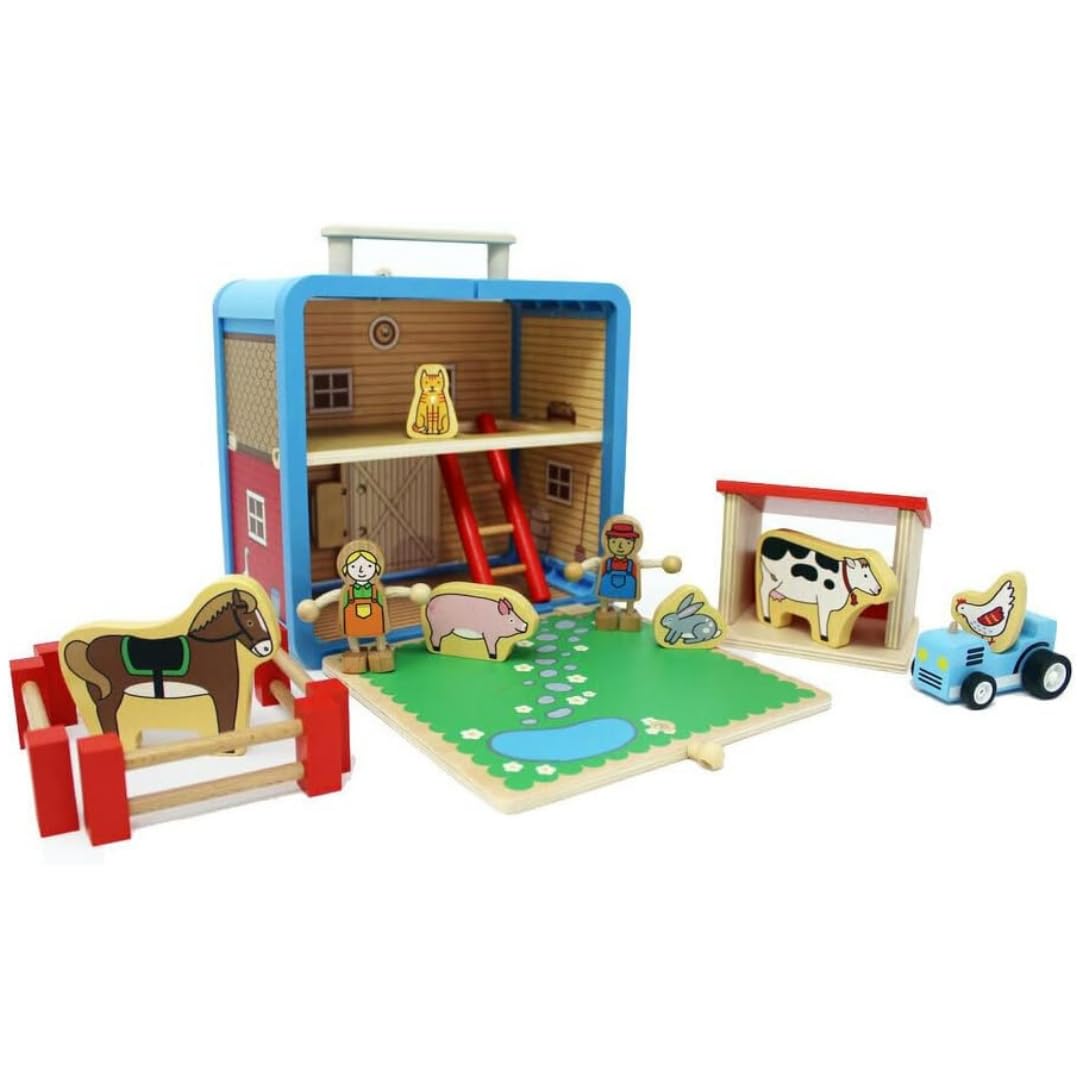 Eco-Friendly Bamboo Barnyard Suitcase Playset - 16-Piece Portable Farm Toy Set with Farmer, Animals & Tractor - Sustainable Travel Toys for Kids Ages 3+ | Perfect for Road Trips, Airplane Travel & Preschool Learning Activities