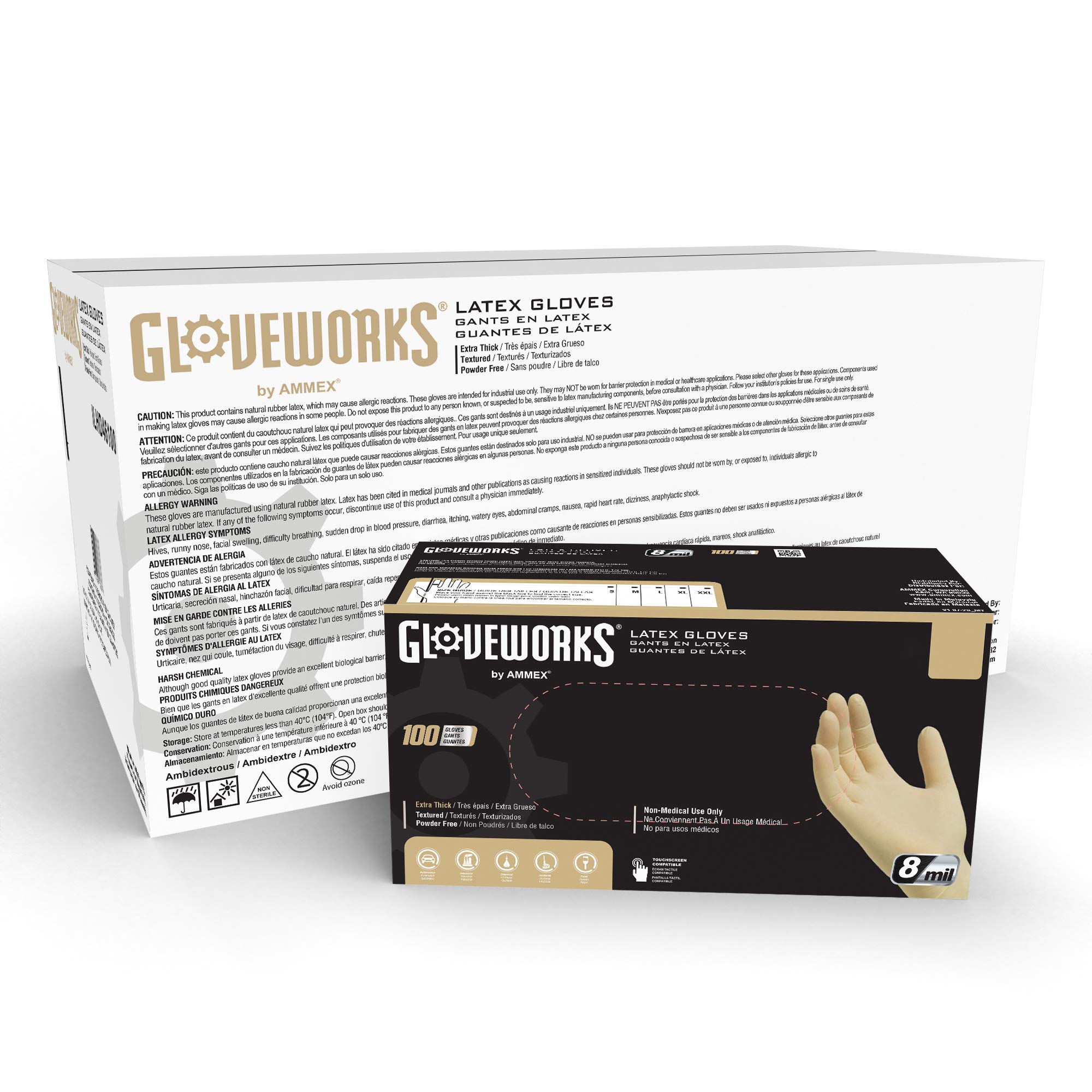 GLOVEWORKS HD Industrial Ivory Latex Gloves - Powder Free, Textured, Disposable, 8 Mil Thickness, Size X-Large (Case of 1000) - Ideal for Food Handling, Cleaning, Medical Use & Industrial Work