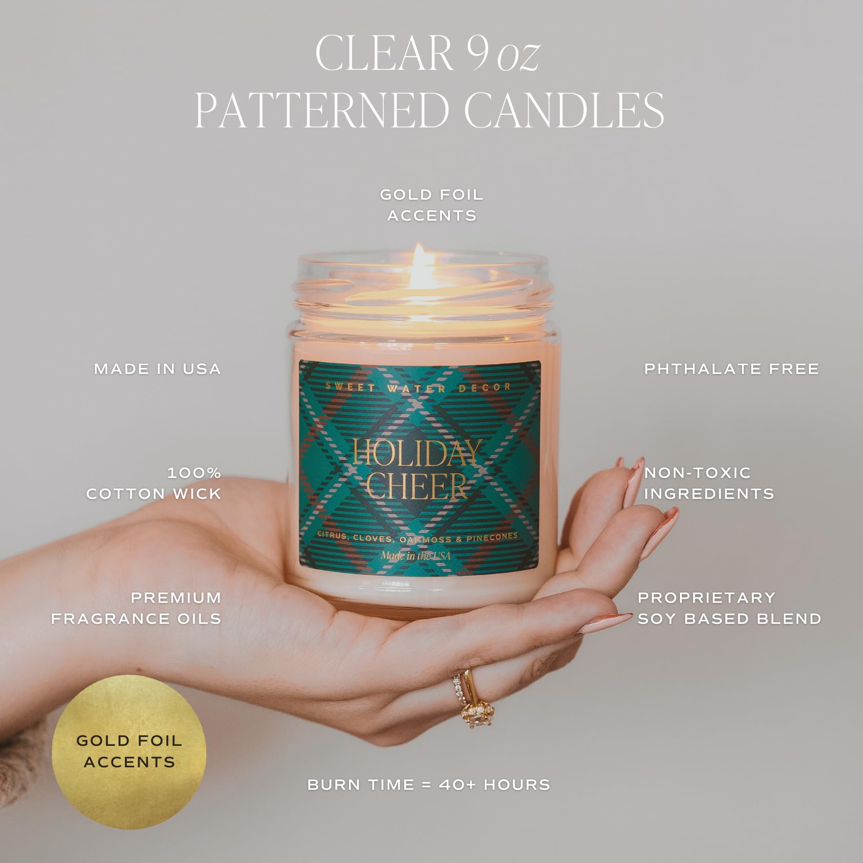 Sweet Water Decor Christmas Tree Scented Soy Candle - Spruce, Pine & Evergreen Aroma in 9oz Clear Jar with Gold Foil | 40-Hour Burn Time | USA-Made | Perfect for Holiday Home Decor, Cozy Winter Evenings & Festive Gift Giving