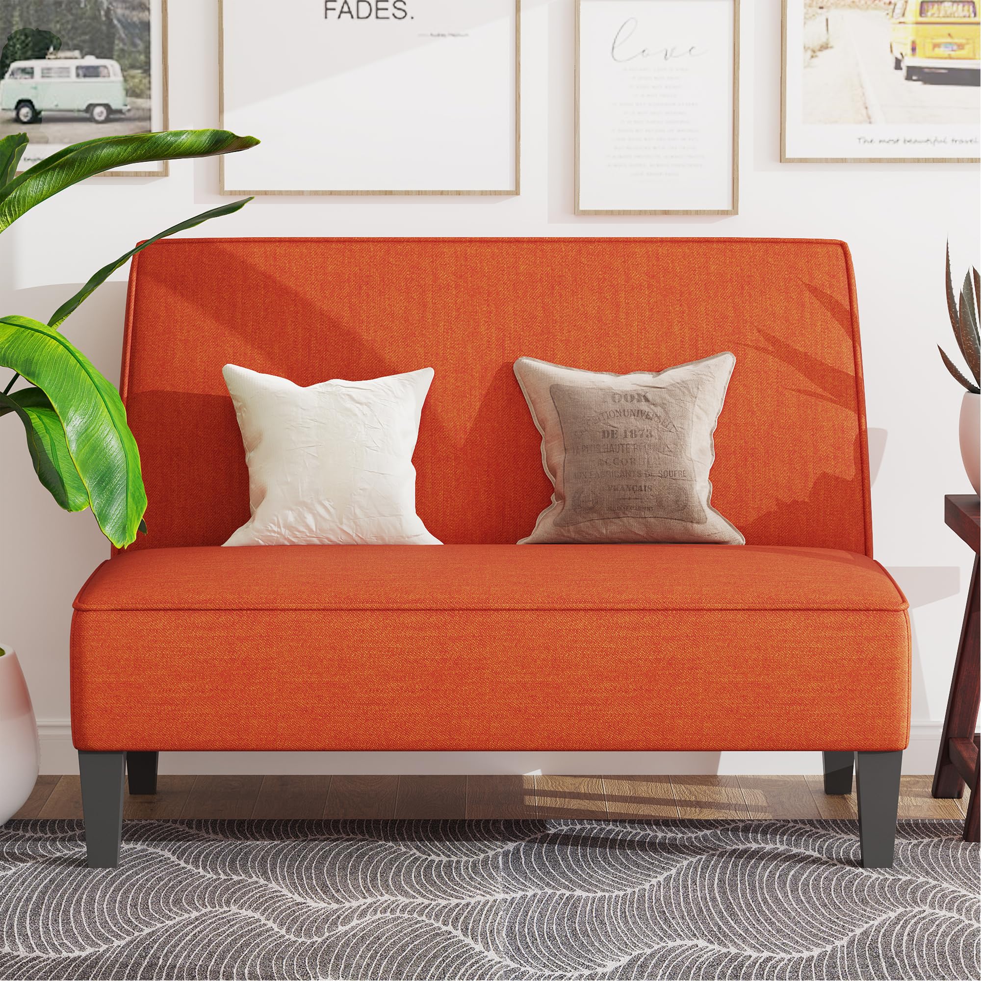 Yongqiang Small Loveseat Mini Sofa - Upholstered Accent Bench with Backrest, Armless Love Seat for Living Room, Bedroom & Office - Perfect for Small Spaces, Reading Nooks & Cozy Corners - Orange