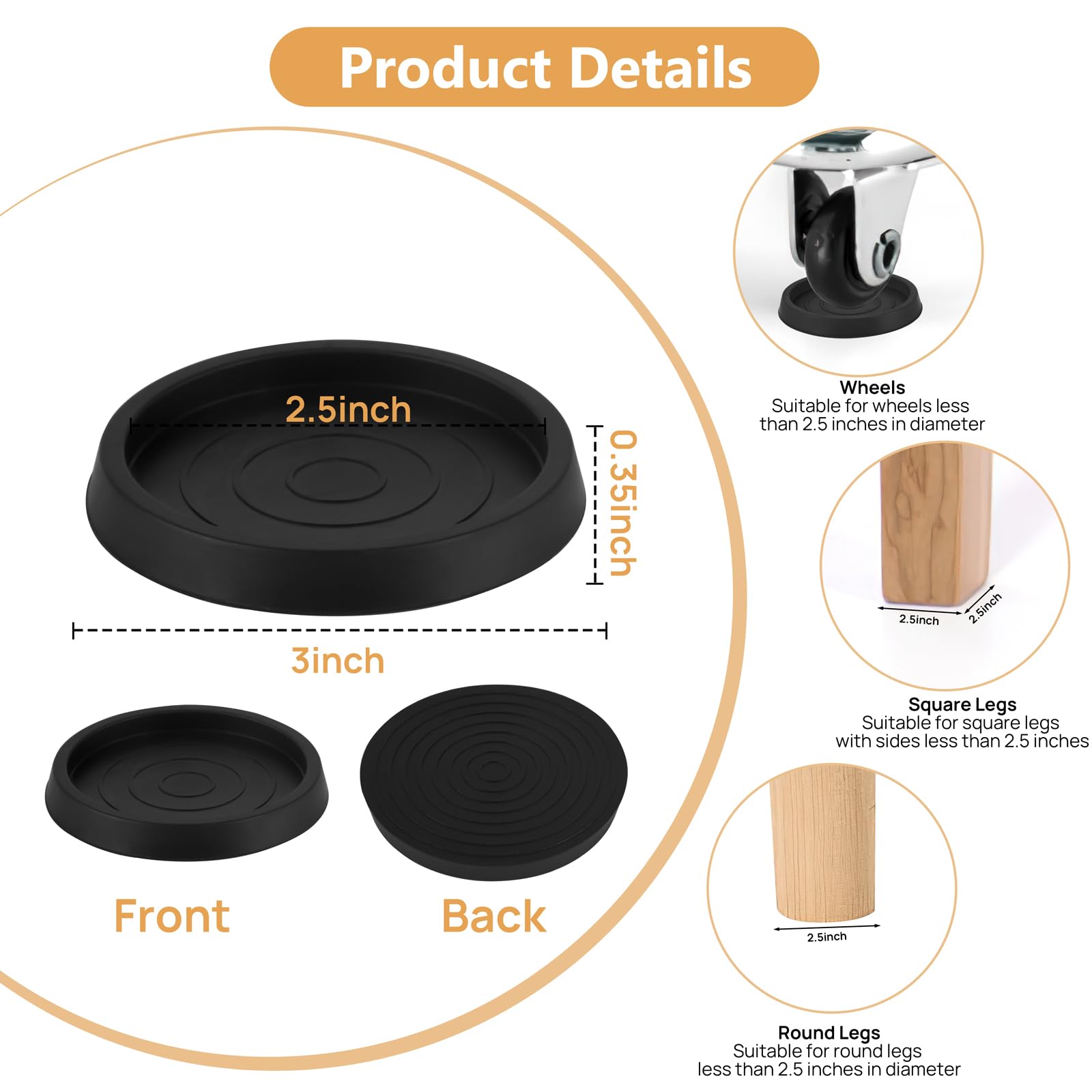 4 Pcs Non-Slip Furniture Pads - 2.5 Inch Round Rubber Caster Cups for Bed, Sofa, Chair, Table & Piano - Heavy Duty Floor Protectors & Furniture Leg Protectors (Black) - Perfect for Hardwood Floors & Noise Reduction