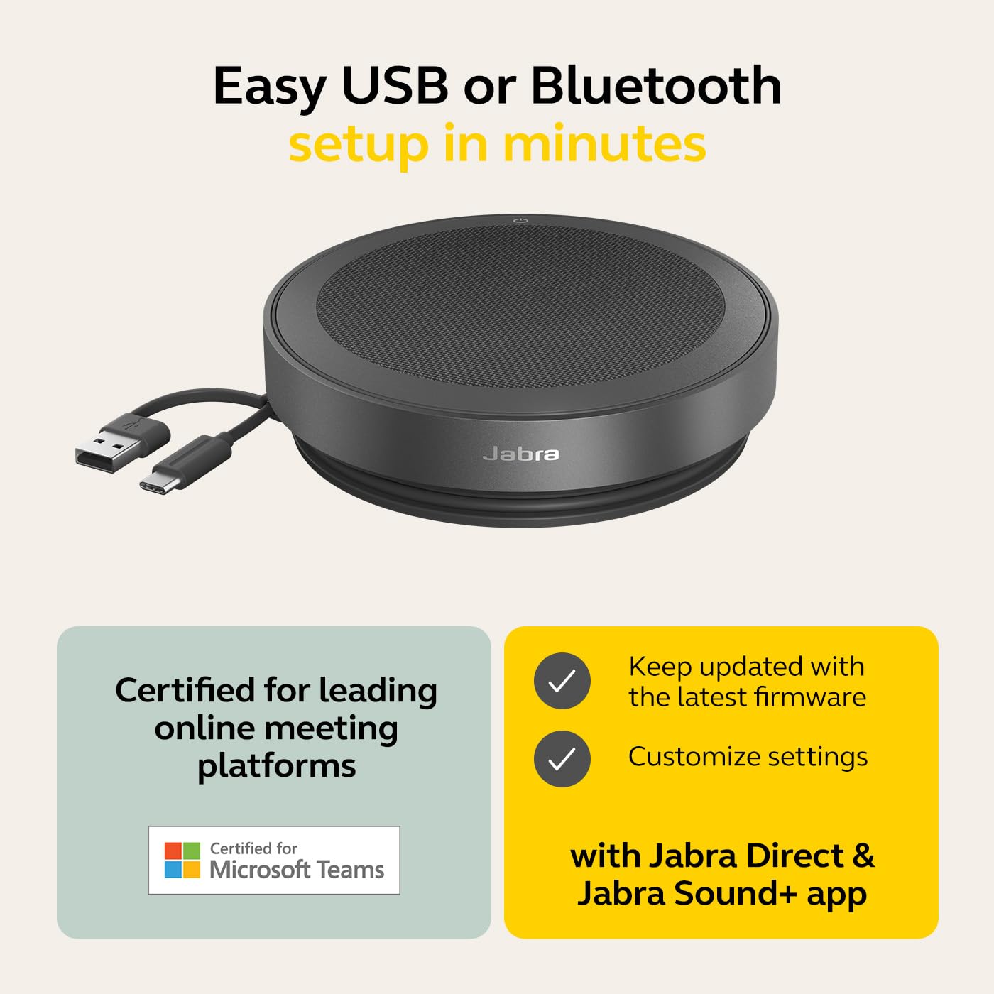 Jabra Speak2 75 Wireless Bluetooth Speakerphone with USB-C Adapter - 4 Noise-Cancelling Mics & 65mm Full-Range Speaker | MS Teams Certified | Compatible with Zoom, Webex, Skype | Perfect for Home Office & Conference Calls (Dark Grey)