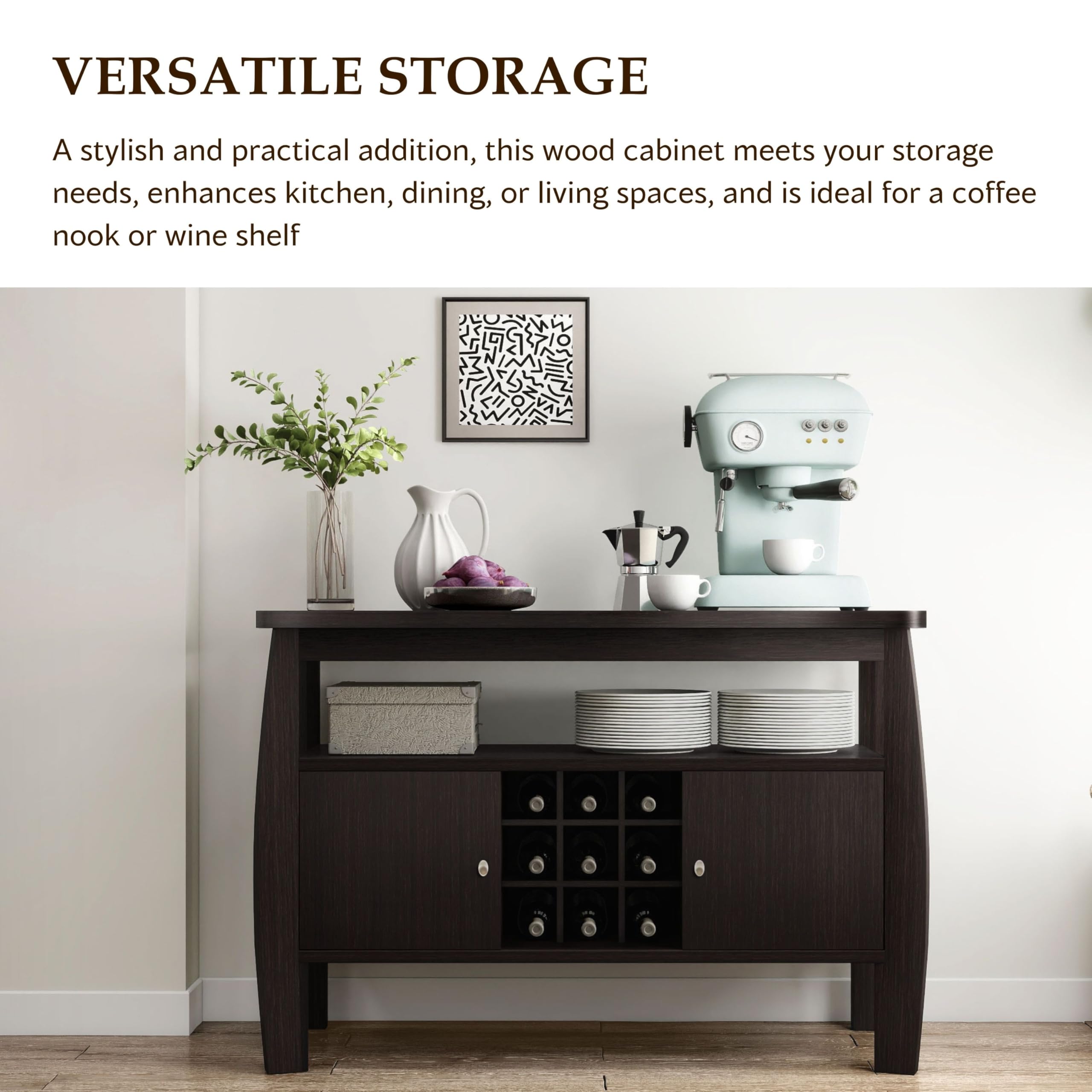 Furniture of America Clyton Modern Kitchen Buffet Storage Cabinet with Doors & Shelves - Wood Sideboard Table, Coffee Bar & 9-Grid Wine Rack for Dining Room, Living Room - Dark Espresso Finish - Perfect for Entertaining, Storage & Home Decor
