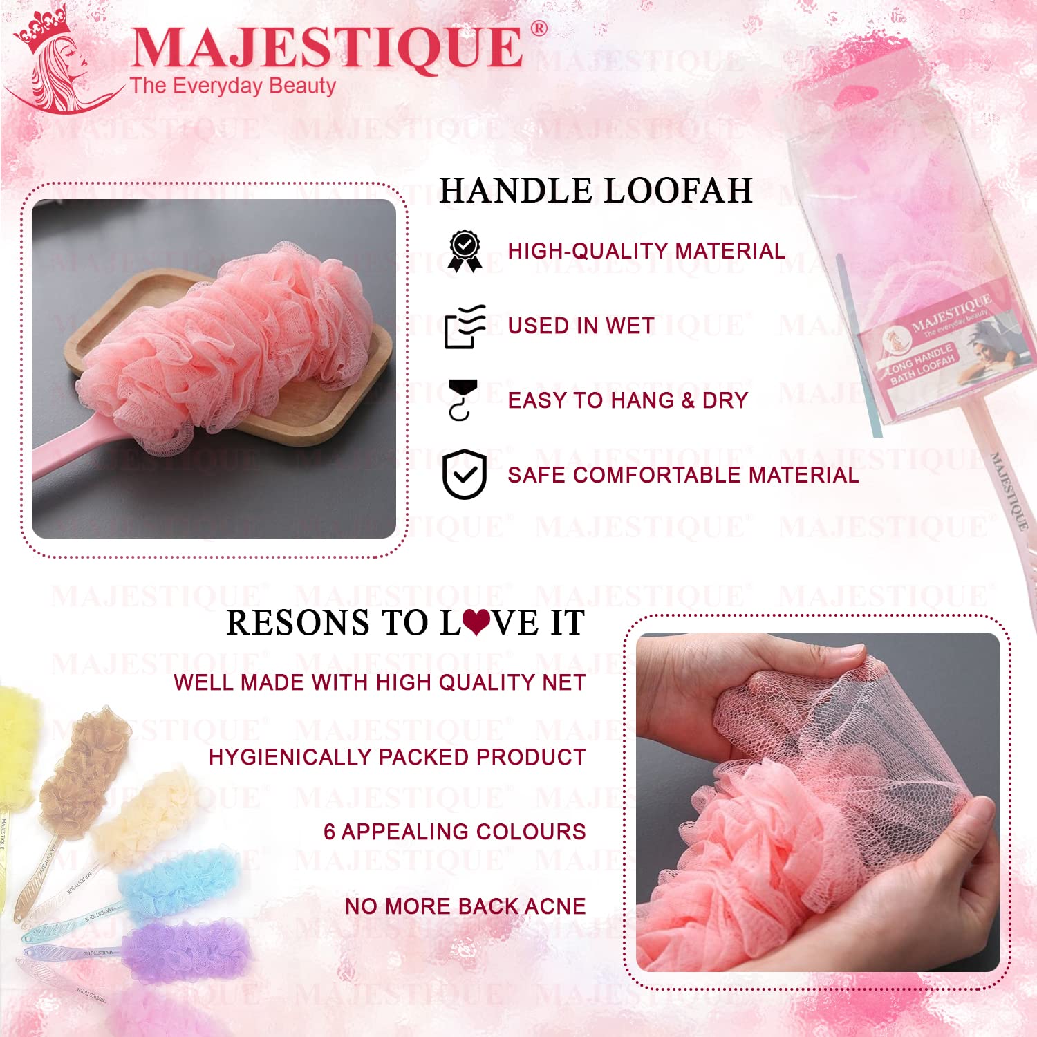 Majestique Long Handle Back Scrubber with Soft Nylon Mesh - Exfoliating Loofah Body Brush for Shower & Bath | Men & Women Skin Care | Perfect for Hard-to-Reach Areas & Deep Cleansing (Blue)