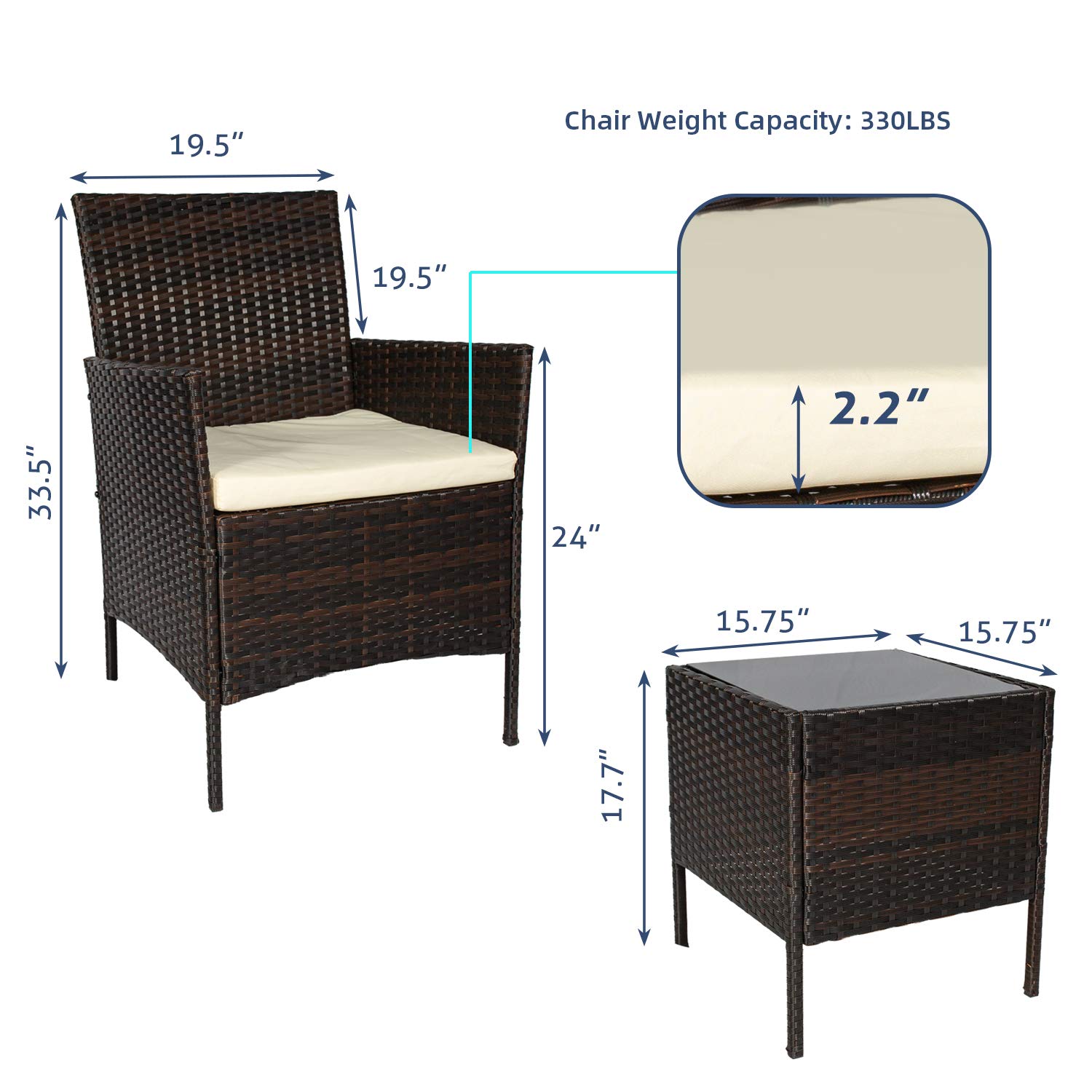 3-Piece Outdoor Patio Furniture Set - PE Wicker Rattan Chairs & Table with Cushions (Brown & Beige) - Perfect for Garden, Backyard, Poolside & Balcony Relaxation