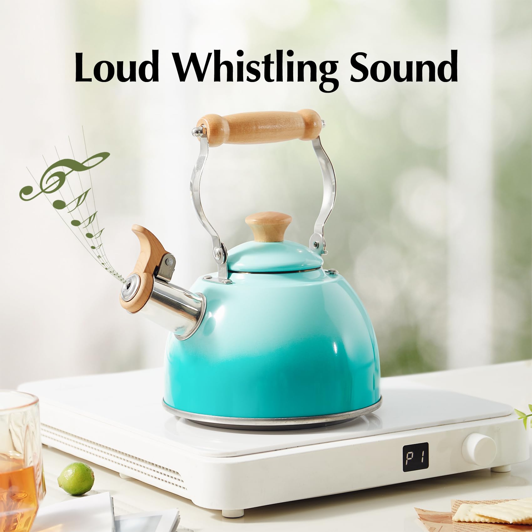 Premium Stainless Steel Whistling Tea Kettle - 1.6 Quart Stovetop Safe with Cool-Touch Ergonomic Handle, Food Grade & BPA Free - Perfect for Boiling Water, Brewing Tea, Coffee & Hot Cocoa (Green) - Ideal for Home, Office & Camping Use