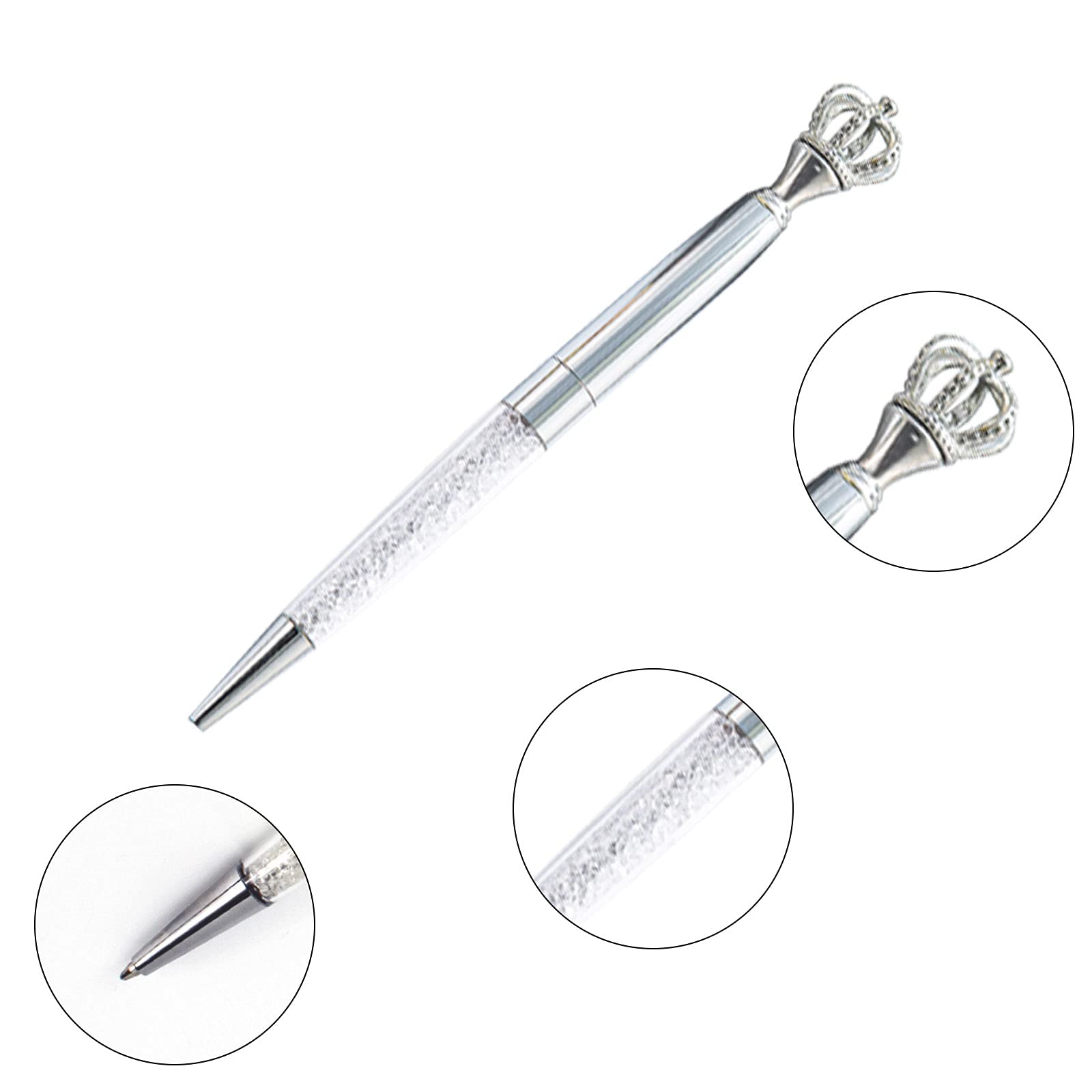 Lobagve 3-Piece Crown Top Ballpoint Pens Set - Bling Metal Ballpoint Pen with Black Ink (1.0mm) - Elegant Office & Wedding Gift for Women, Bridesmaids, Birthday, Christmas - Perfect for Journaling, Note-Taking & Special Occasions - Silver