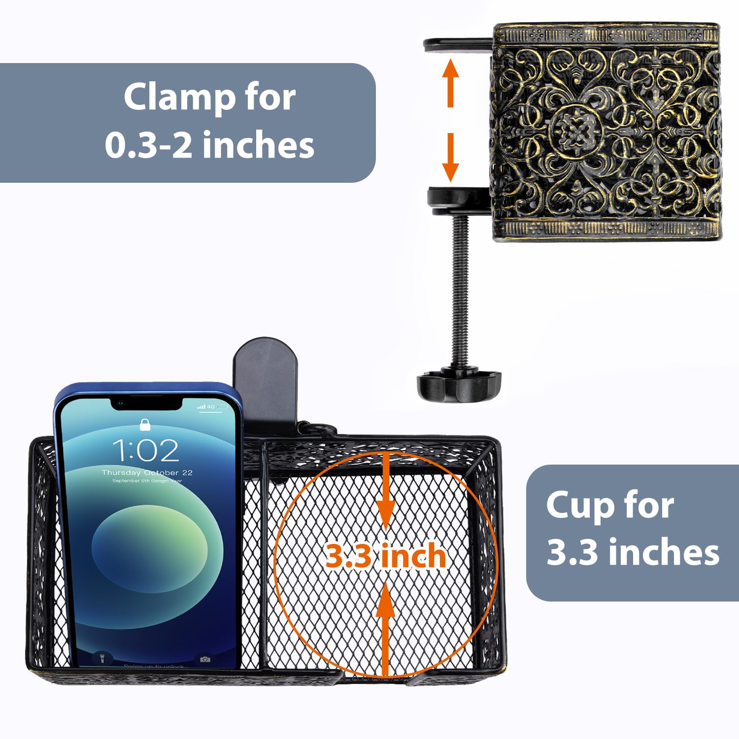 Clip-On Desk Organizer - Multi-Purpose Cup Holder, Pencil & Phone Holder for Office, School & Home - Perfect for Beverages, Stationery & Smartphone Storage