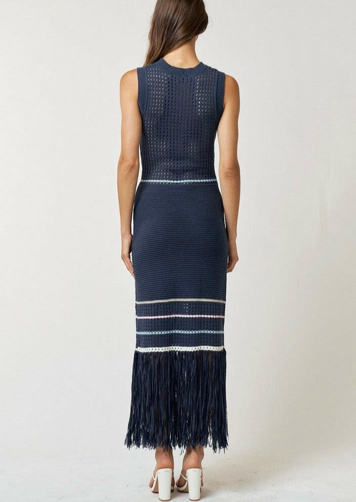 Navy Blue Striped Knit Maxi Dress for Women - Elegant Long Sleeve Beach Cover Up & Summer Casual Outfit
