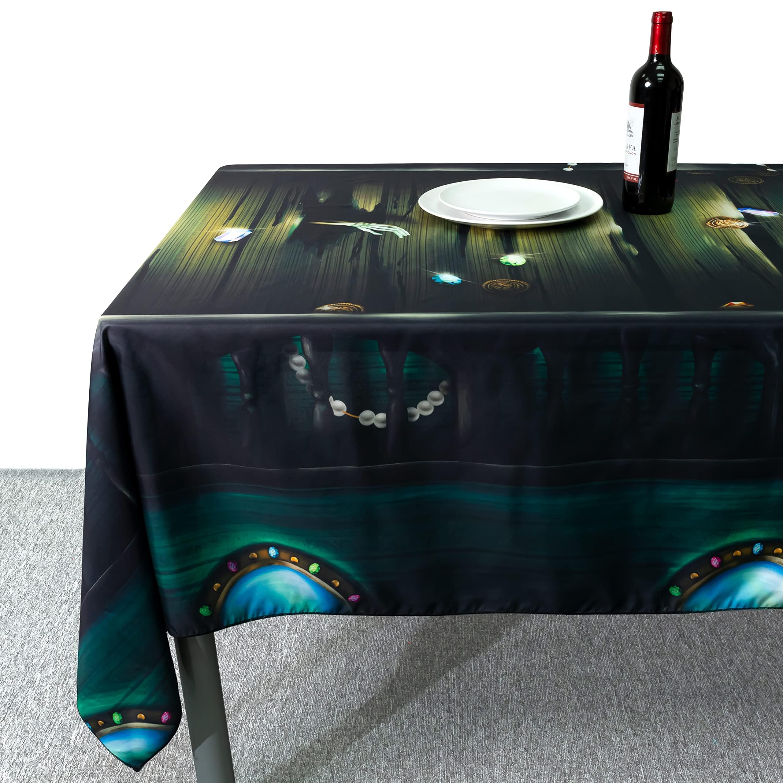 Cheerland Skull & Pirate Themed Halloween Party Tablecloth - 9x5 Ft Spooky Decor for Pirate Ship, Dock, Boardwalk, or Costume Birthday Parties - Waterproof Fabric Table Cover for Indoor/Outdoor Use