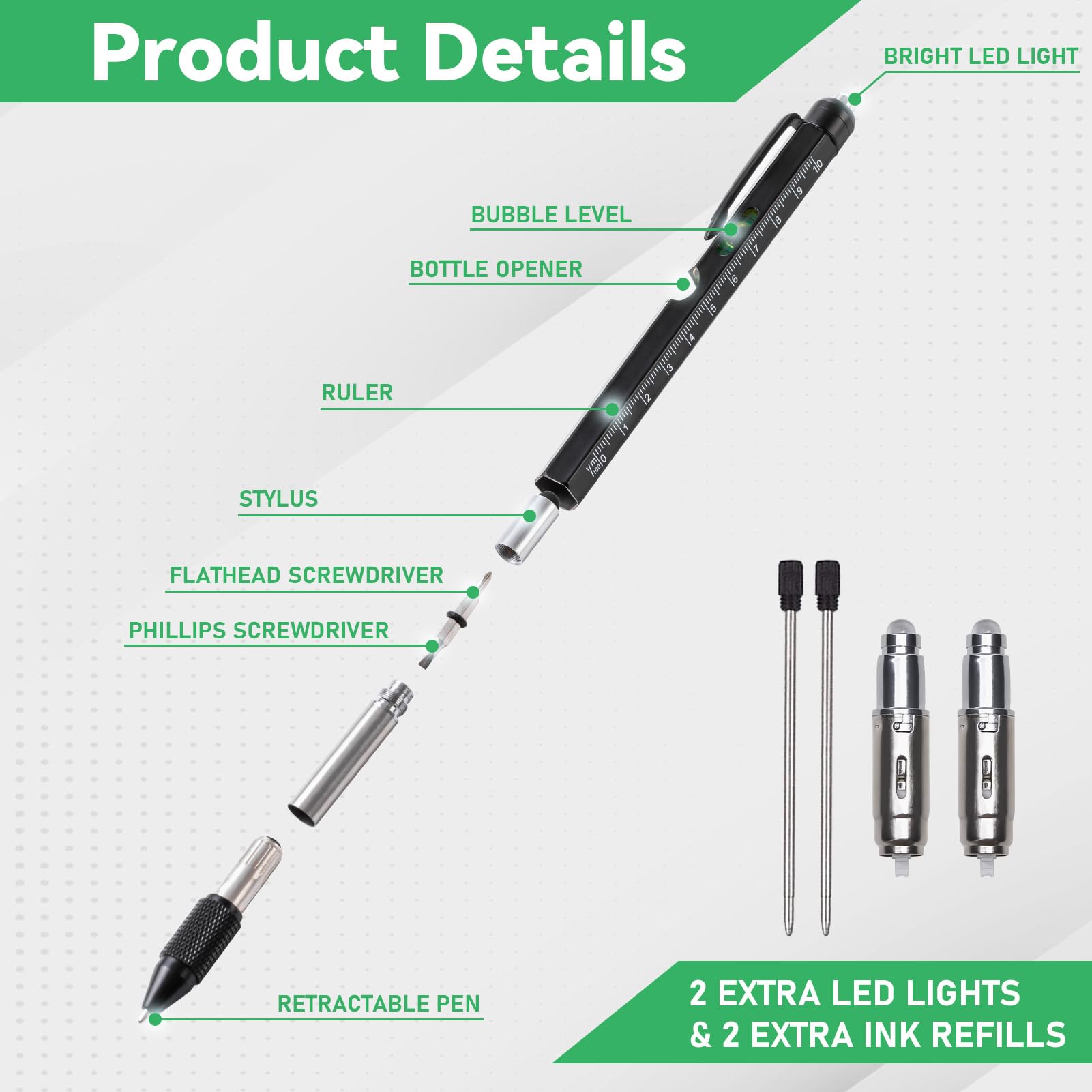 9-in-1 Multitool Pen with LED Light - Perfect Gift for Men & Women - Birthday, Christmas & Everyday Carry - Black (Great for Camping, Office & Emergency Use)