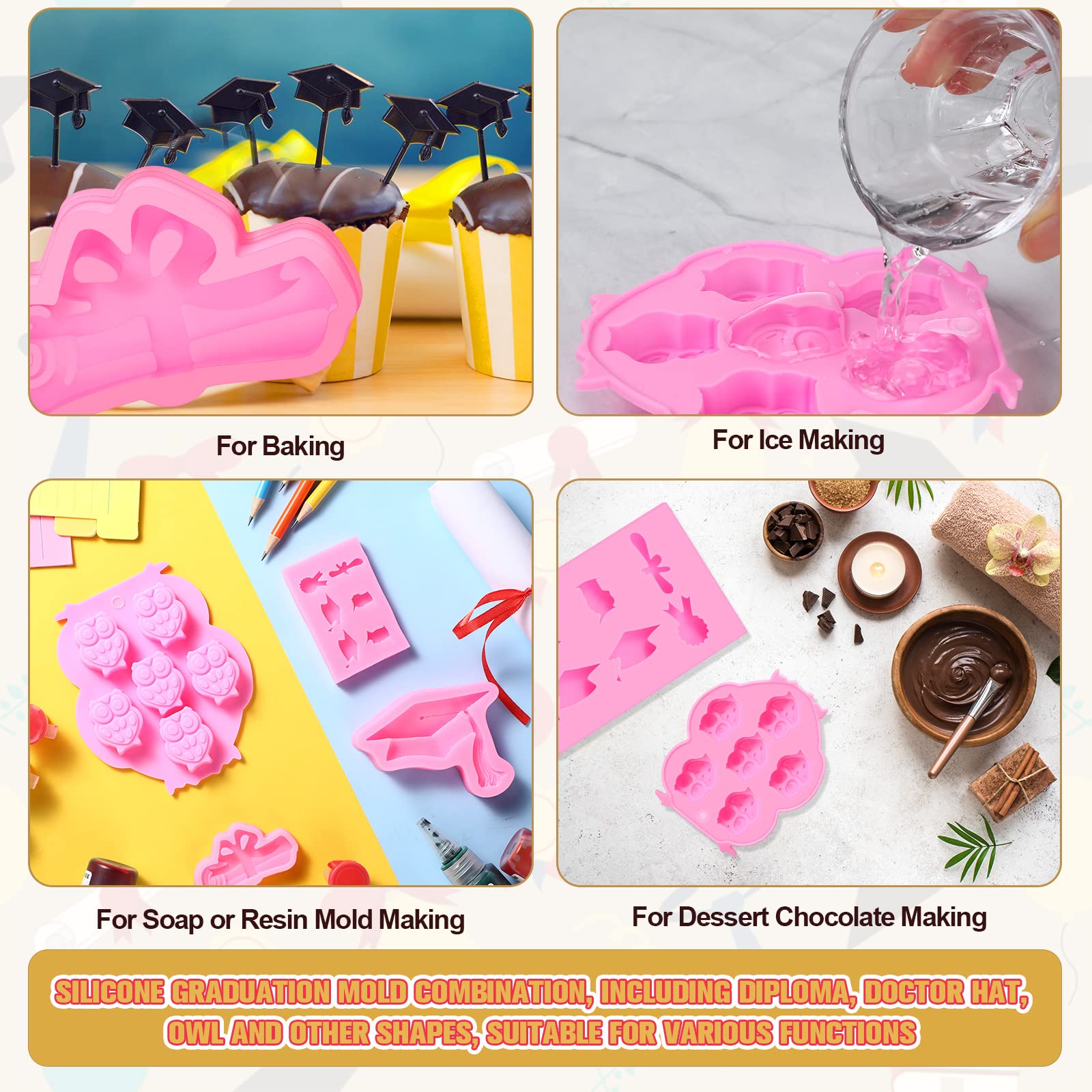4 Pack Graduation Silicone Molds Set - Owl, Diploma Scroll & Grad Cap Candy Molds for Fondant, Cake Toppers - Perfect for Graduation Parties, Teacher Gifts & DIY Dessert Decorations