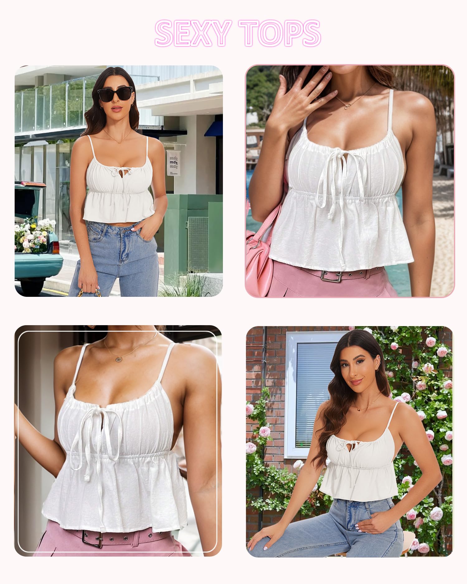 Jenbou Women's Square Neck Tie Front Crop Top - Sexy Ruched Ruffle Hem Summer Tank Top for Casual Outfits, Beach Wear & Night Out