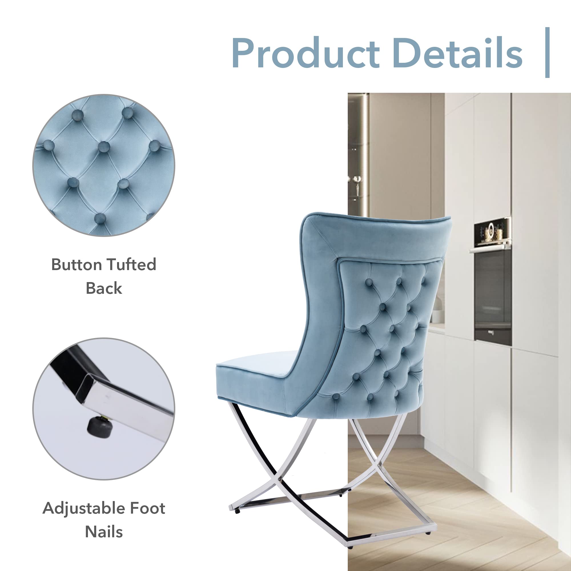 Modern Stainless Steel Legs Velvet Dining Chairs Set of 2 - Royal Blue Upholstered Button Tufted Back Chairs with Solid Piping for Dining Room, Kitchen, Breakfast Nook & Home Decor