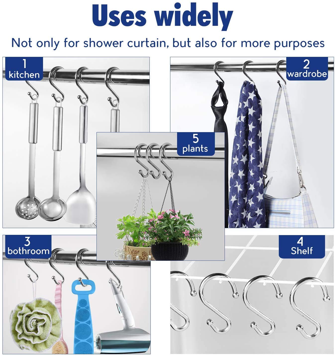 24PCS Rust-Resistant Metal Shower Curtain Hooks - S-Shaped Hangers for Bathroom, Kitchen & Closet (Chrome Finish) - Perfect for Hanging Shower Curtains, Towels, Utensils & Clothing Organization