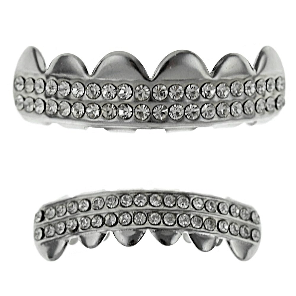 ICY Bling Grillz Set - 2 Row Silver Tone Upper & Lower Teeth Grillz for Hip Hop Style | Perfect for Rappers, Performers & Fashion Statements