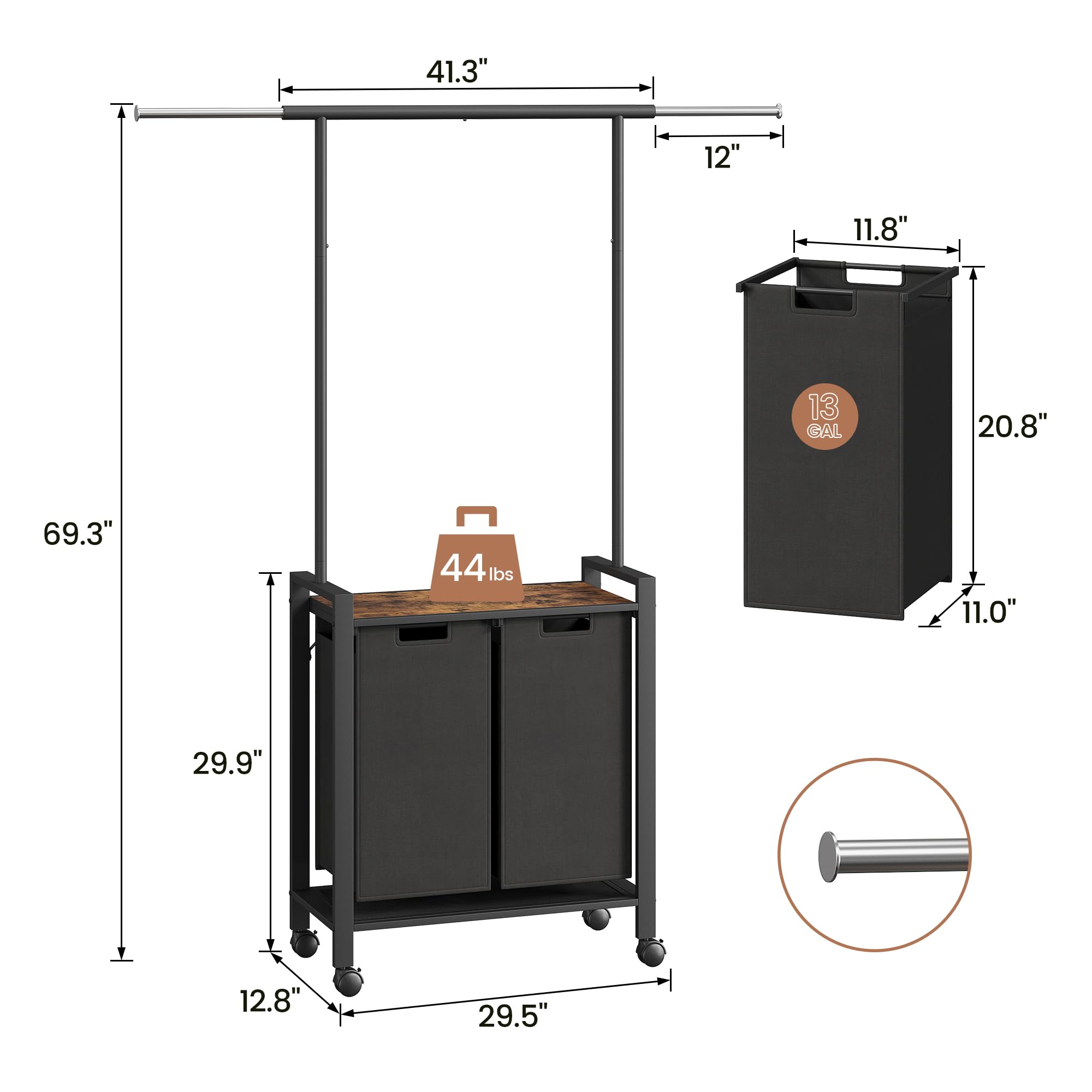 2-Section Rolling Laundry Hamper with Hanging Bar & Wheels - Heavy Duty Clothes Organizer for Bedroom, Bathroom, Dorm - Perfect for Sorting Dirty Clothes & Hanging Garments