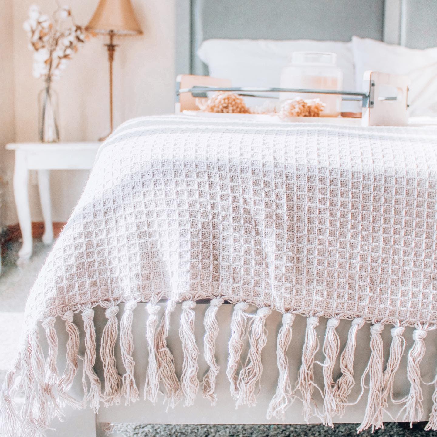 Soft Waffle Knit Cotton Blanket with Tassel Fringe - Cozy Throw Coverlet for Bed, Couch & Nursery - Perfect for Winter, Gifts & Home Decor