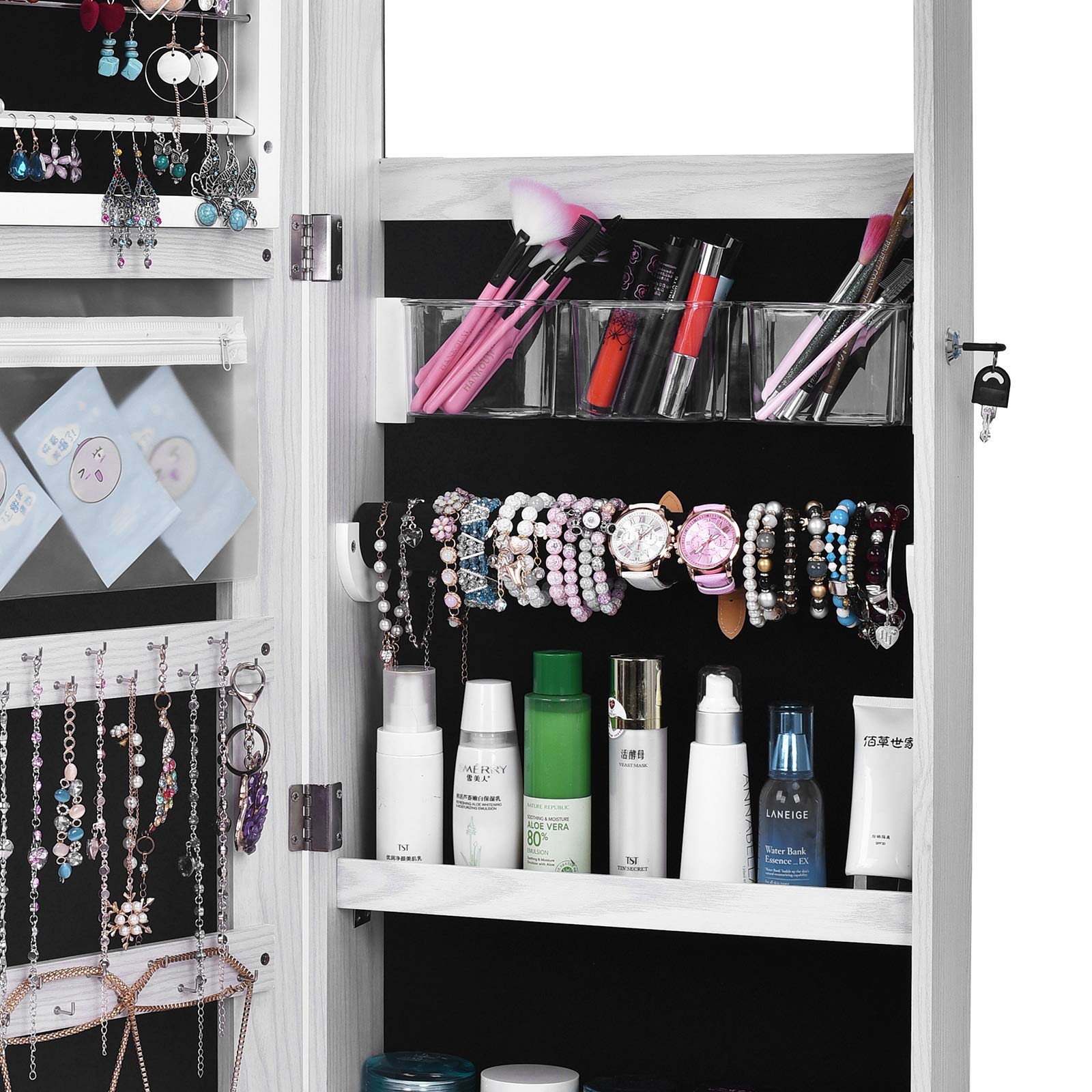 Full Length Mirror Jewelry Armoire with LED Lights - Wall Mounted White Jewelry Cabinet Organizer for Bedroom, Closet & Dressing Room