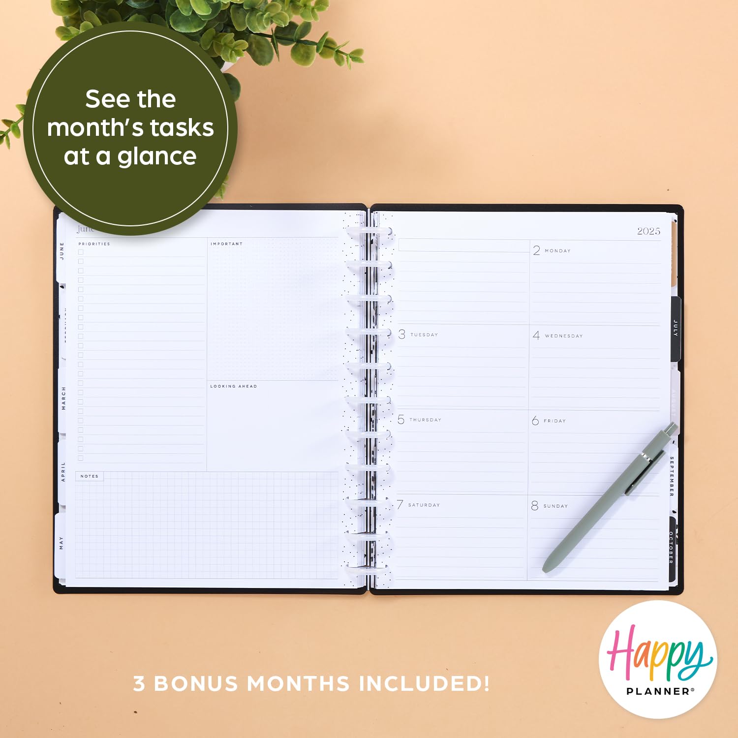 Happy Planner 2025 Disc-Bound 12-Month Planner - Daily Weekly Monthly Organizer with Dashboard Layout, 72 Pages, 12 Dividers & 2 Sticker Sheets - 8.5