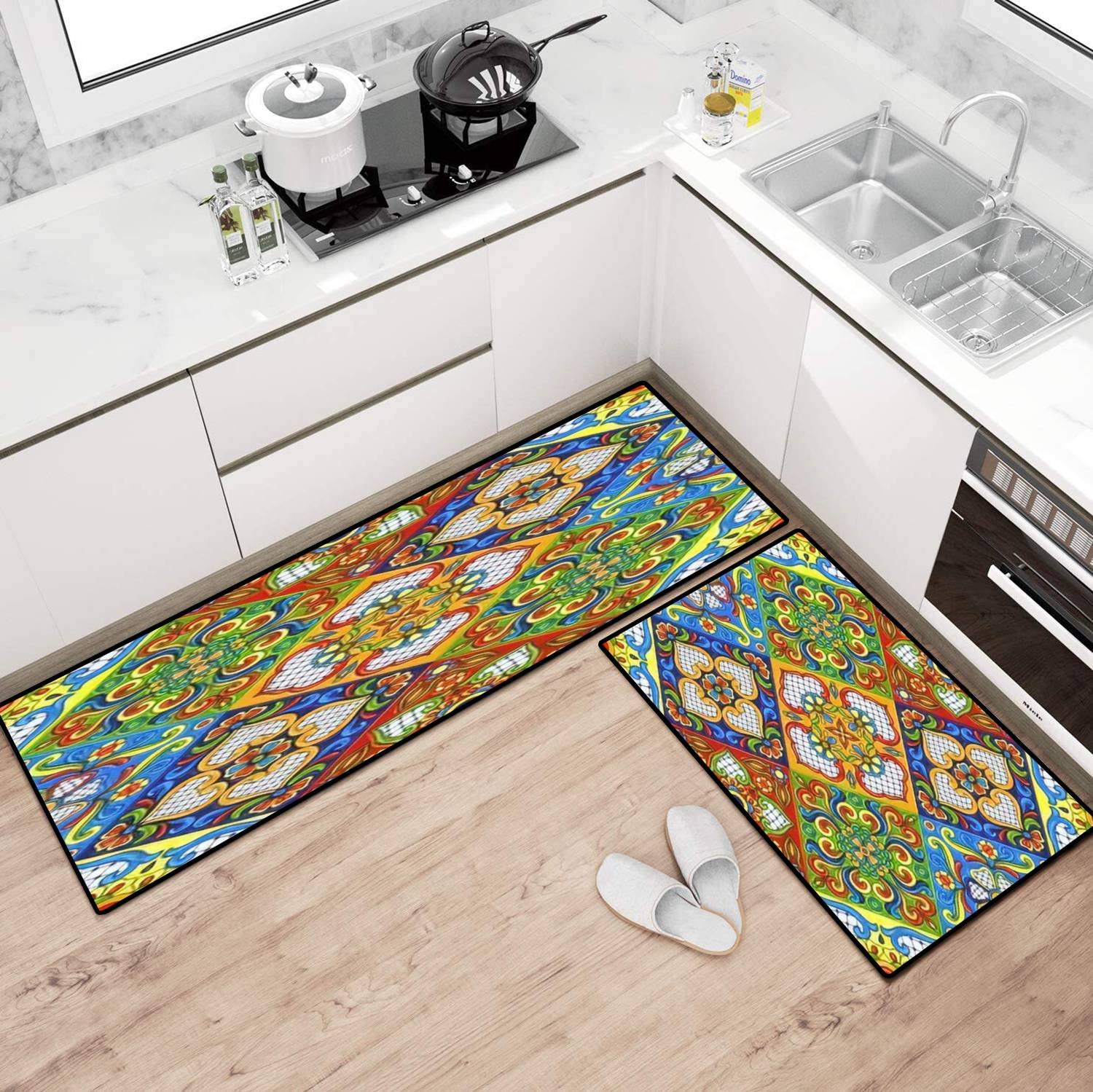 Mexican Talavera Ceramic Tile Kitchen Rugs Set - Non-Slip Washable Floor Mat, Kitchen Runner & Bath Rug - Traditional Ethnic Decor for Comfortable Standing - Perfect for Kitchen, Bathroom & Entryway Decorations