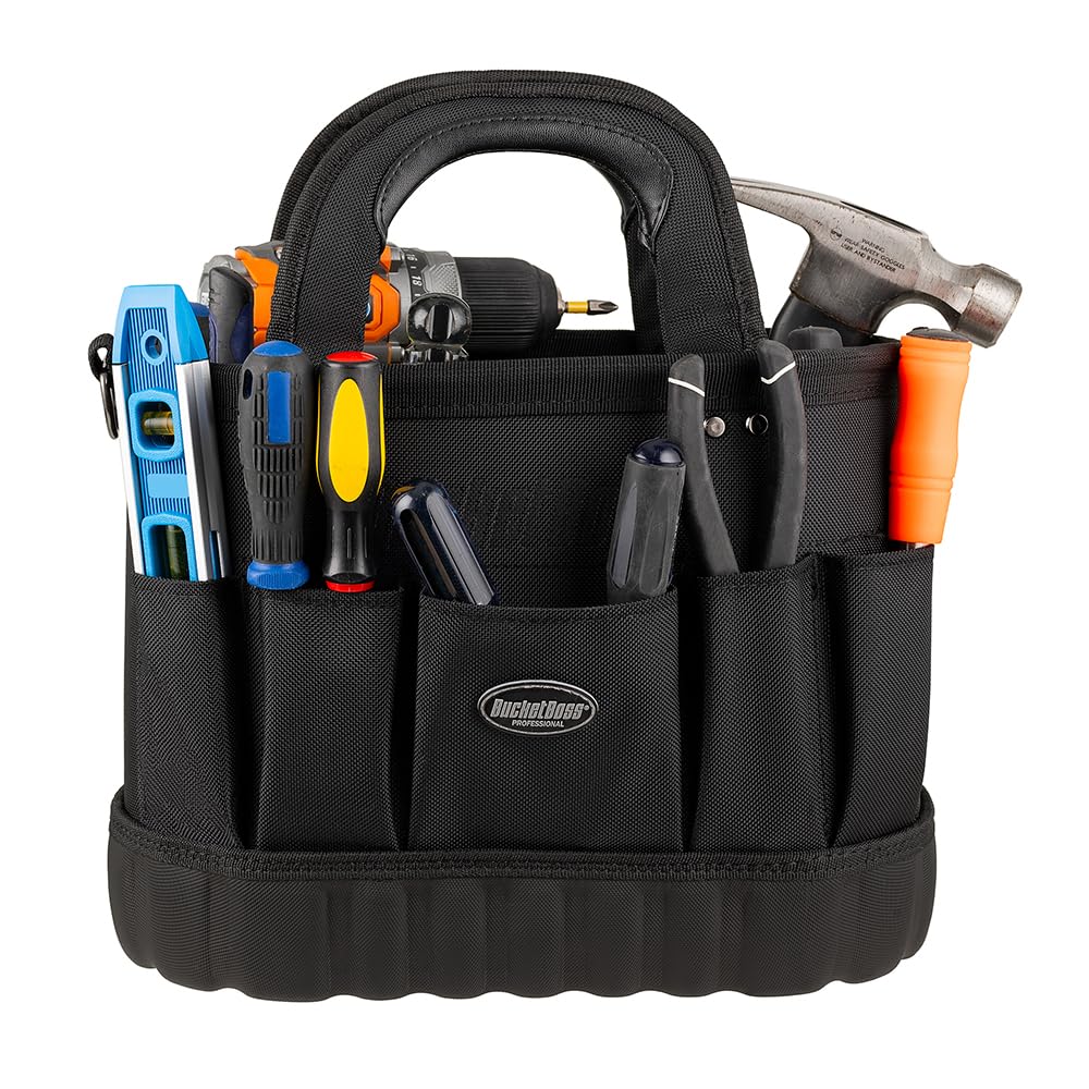 Bucket Boss Pro Oval Tool Tote 14 - Professional Series Tool Bag (74014) Black - Durable Construction Tool Organizer for Electricians, Contractors & DIY Home Improvement Projects