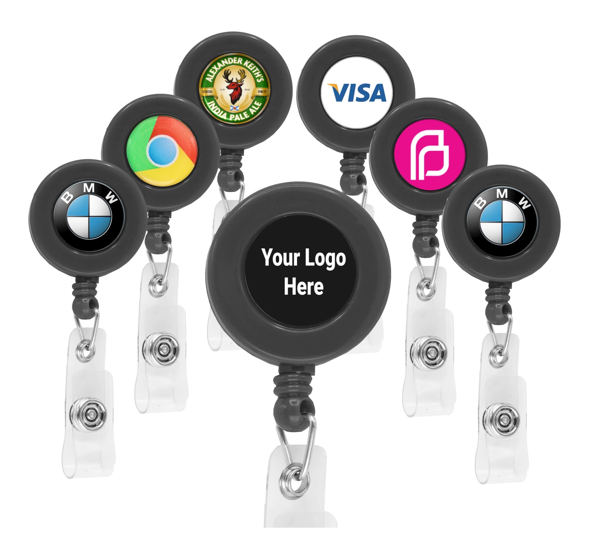 100 Pack Custom ID Badge Holders with Retractable Reel - Personalized RN Nurse Key Card Name Tag Holders with Belt Clip - Branded with Your Logo & Text - Perfect for Corporate Events, Healthcare Conferences & Trade Shows (Black)