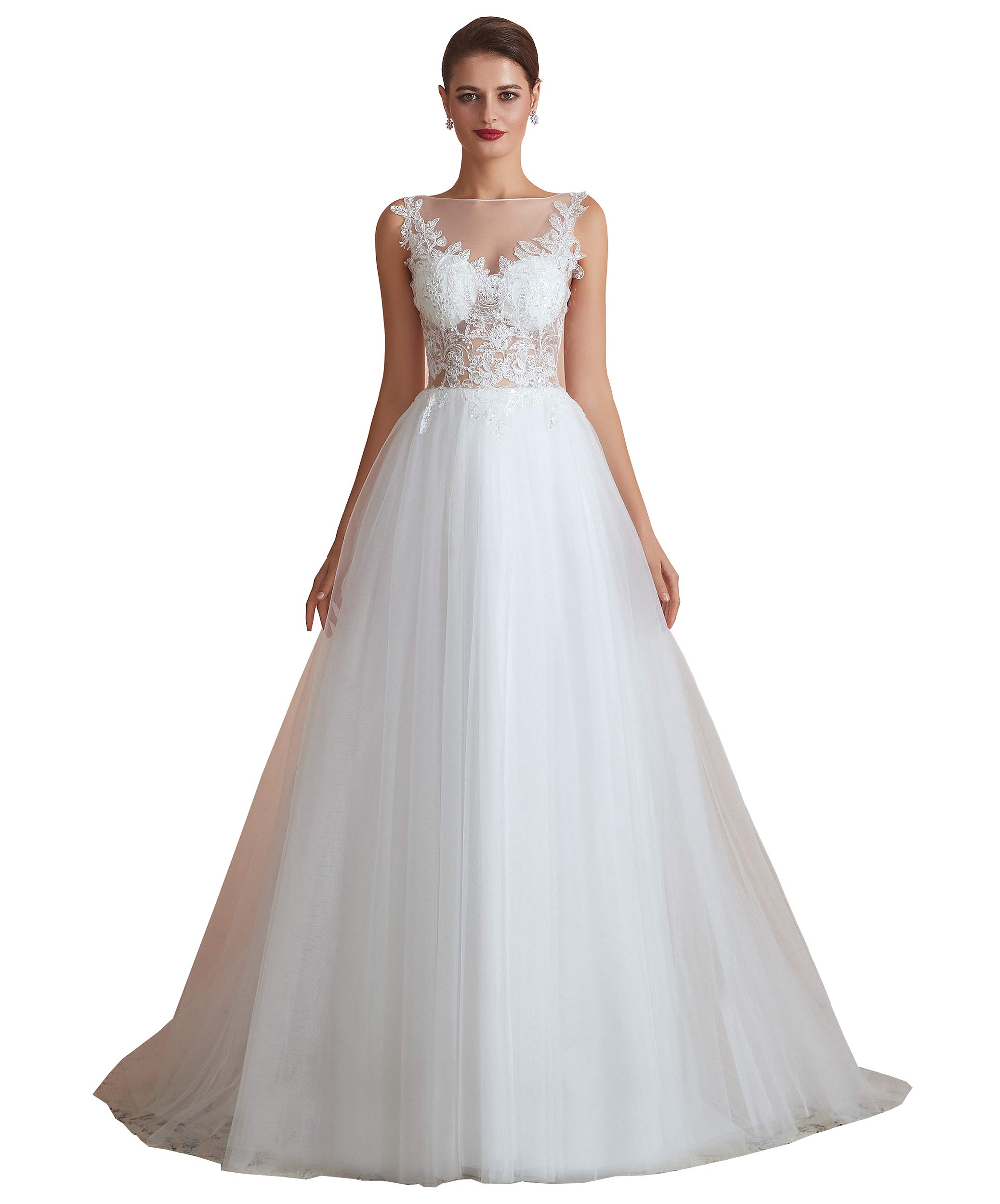 Ikerenwedding Women's A-Line Applique Sequins Sleeveless Tulle Wedding Dress for Bride, Prom, Evening Gala & Special Occasions