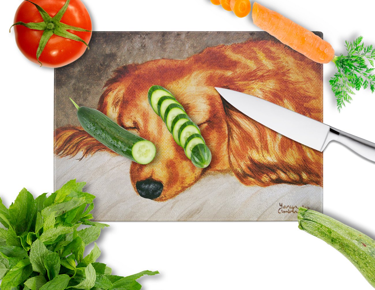 Red Longhaired Dachshund Tempered Glass Cutting Board - Large Decorative Kitchen Chopping & Serving Board for Fruits, Cheese & Charcuterie | Caroline's Treasures AMB1202LCB
