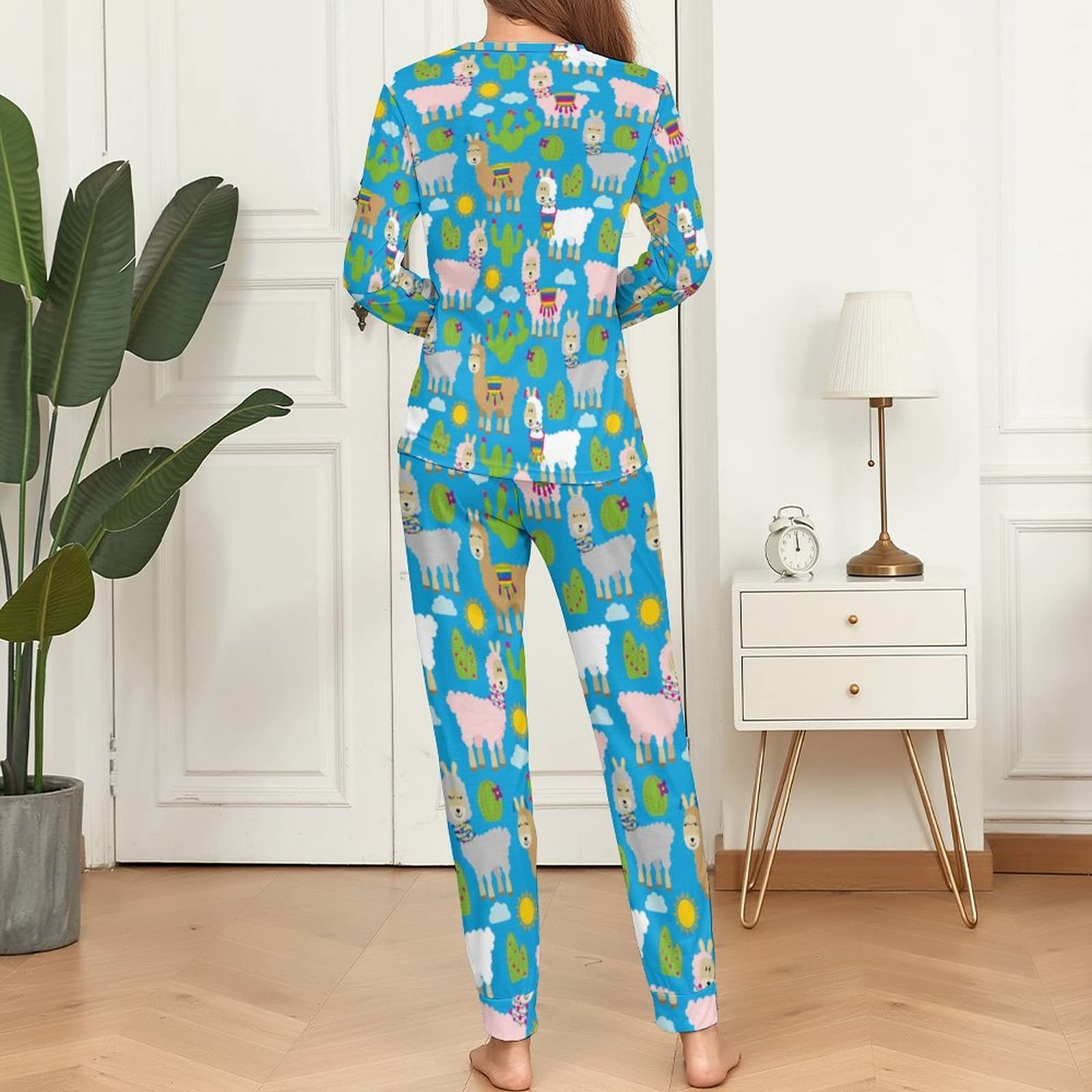 Llama Cactus Print Women's Pajama Set - Soft Long Sleeve Sleepwear & Lounge Outfit (XS) - Cozy Nightwear for Home Relaxation & Sleep
