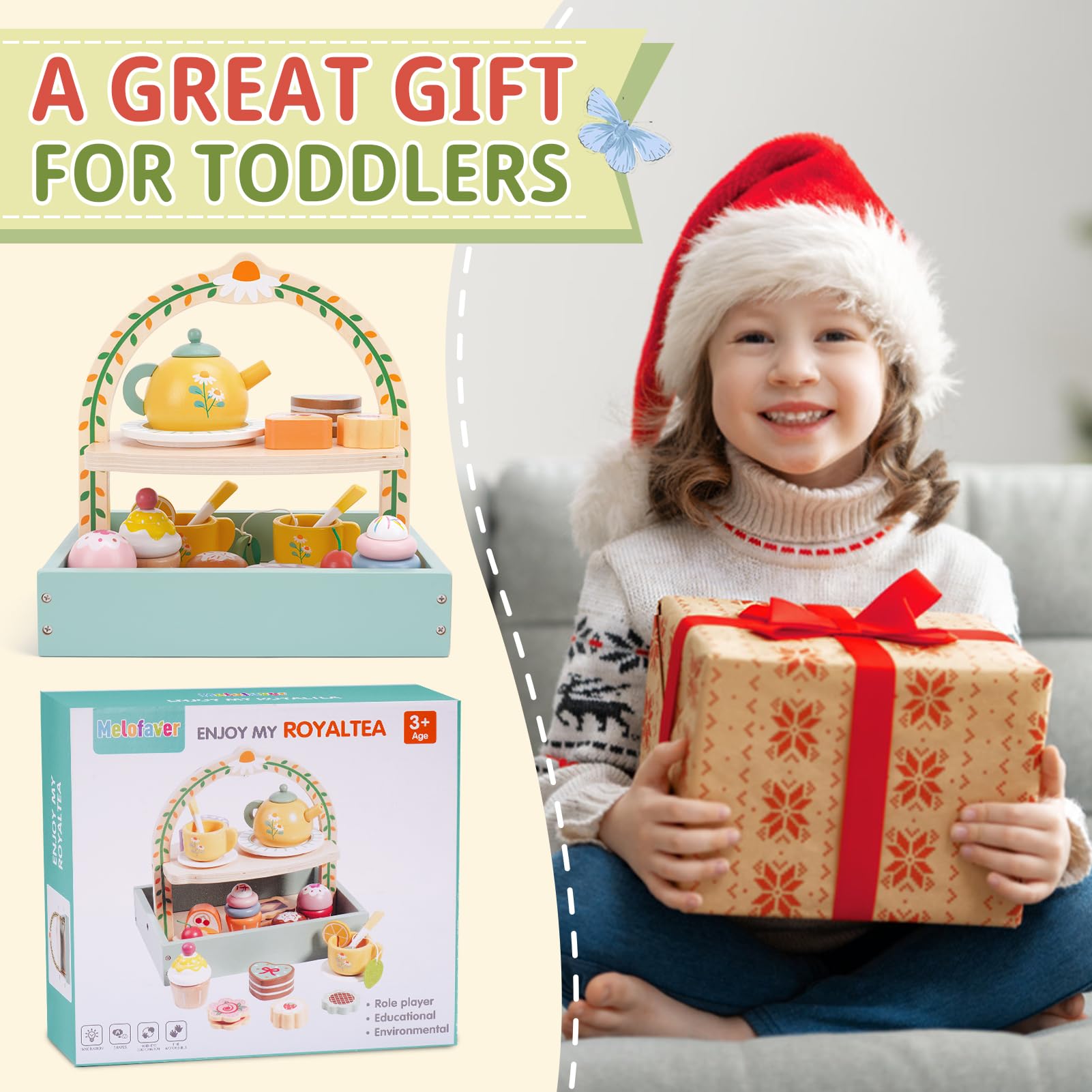 Wooden Tea Party Set for Kids - Pretend Play Tea Set with Cupcake Stand & Play Kitchen Accessories - Montessori Learning Toys for Toddlers Ages 3-6 - Perfect Birthday Gift for Girls (Great for Imaginative Play, Tea Parties & Role-Playing Games)