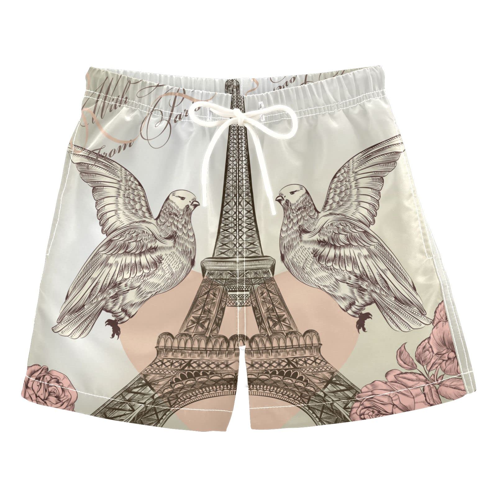 Boys' Valentine Eiffel Tower Rose & Doves Swim Trunks - Adjustable Drawstring with Pockets - Beach Shorts for Toddler - Perfect for Pool, Vacation & Summer Water Activities