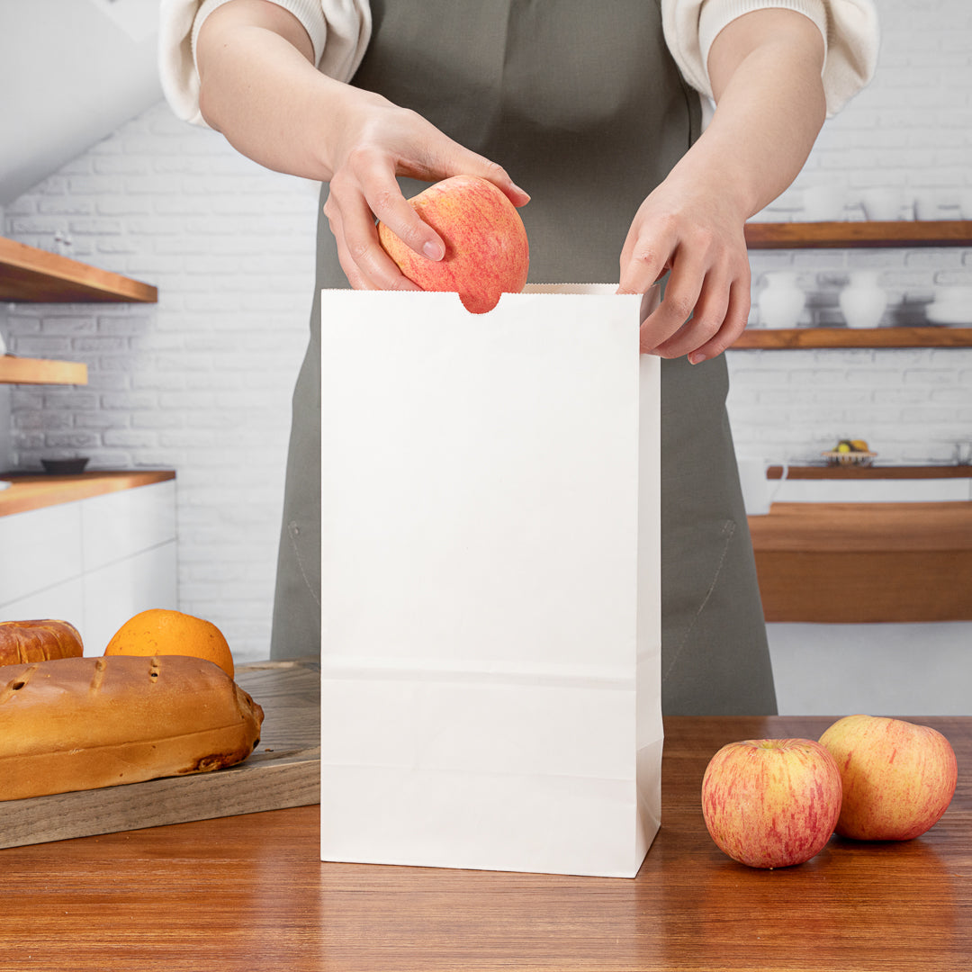 White Paper Bags 12 lb - 7 x 4.25 x 12.5 Inches - Pack of 100 - Kraft Shopping Bags for Retail, Grocery & Gift Packaging