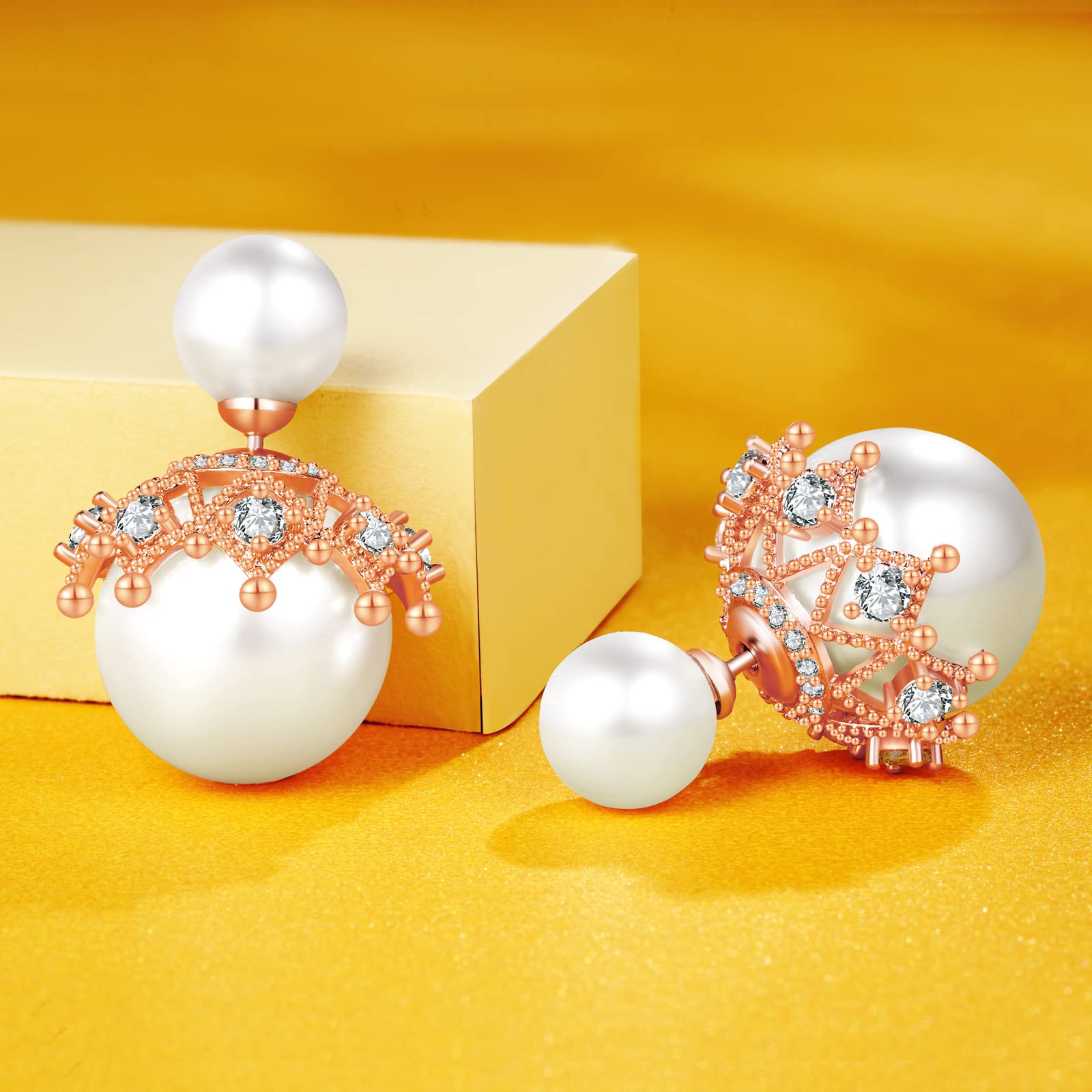 925 Sterling Silver Double-Sided White Pearl Hollow Zircon Stud Earrings for Women - Perfect for Everyday Wear, Parties & Special Occasions