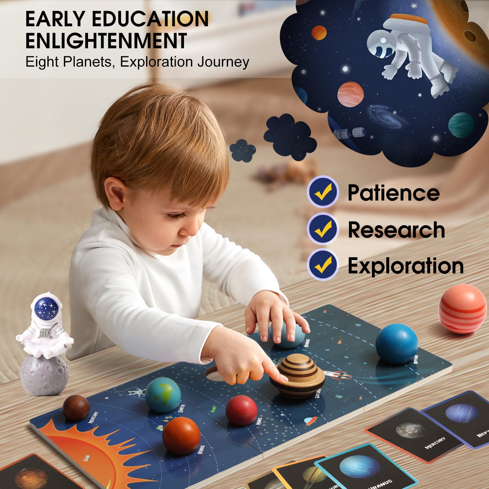 Wooden Solar System Model Board - Montessori Planet Toys for Kids | Educational Planets Balls & Preschool Learning Puzzle | Space Learning Toys for Classroom & Homeschool STEM Activities